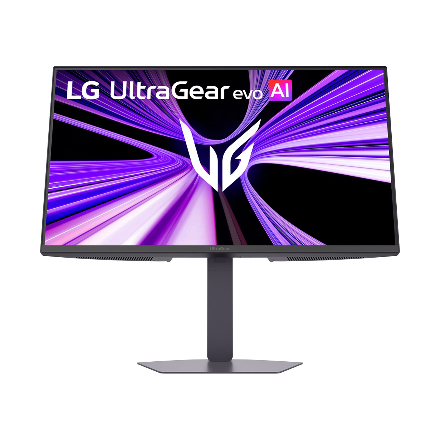 Monitor LG UltraGear con schermo astratto viola e supporto su sfondo bianco.