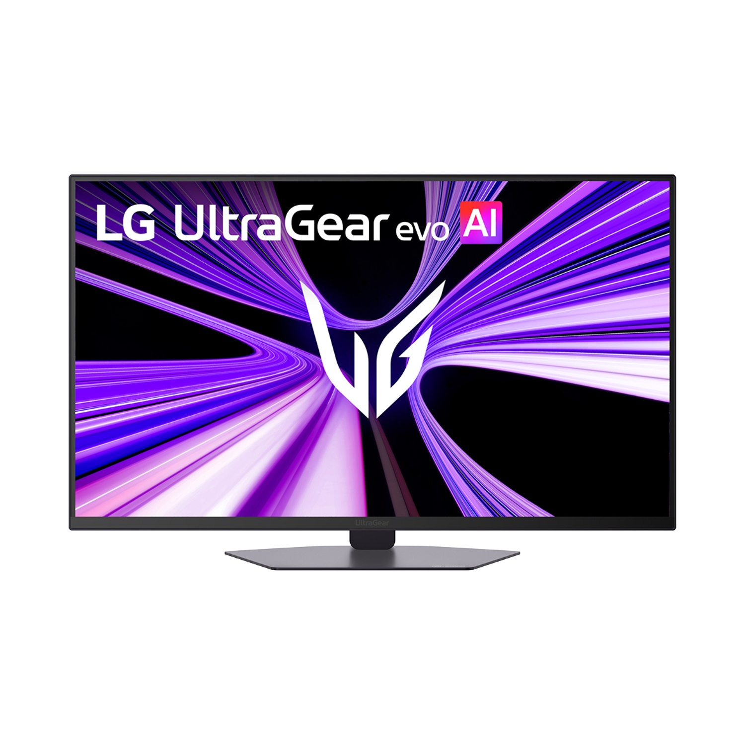 Monitor LG UltraGear con schermo astratto viola su supporto geometrico.