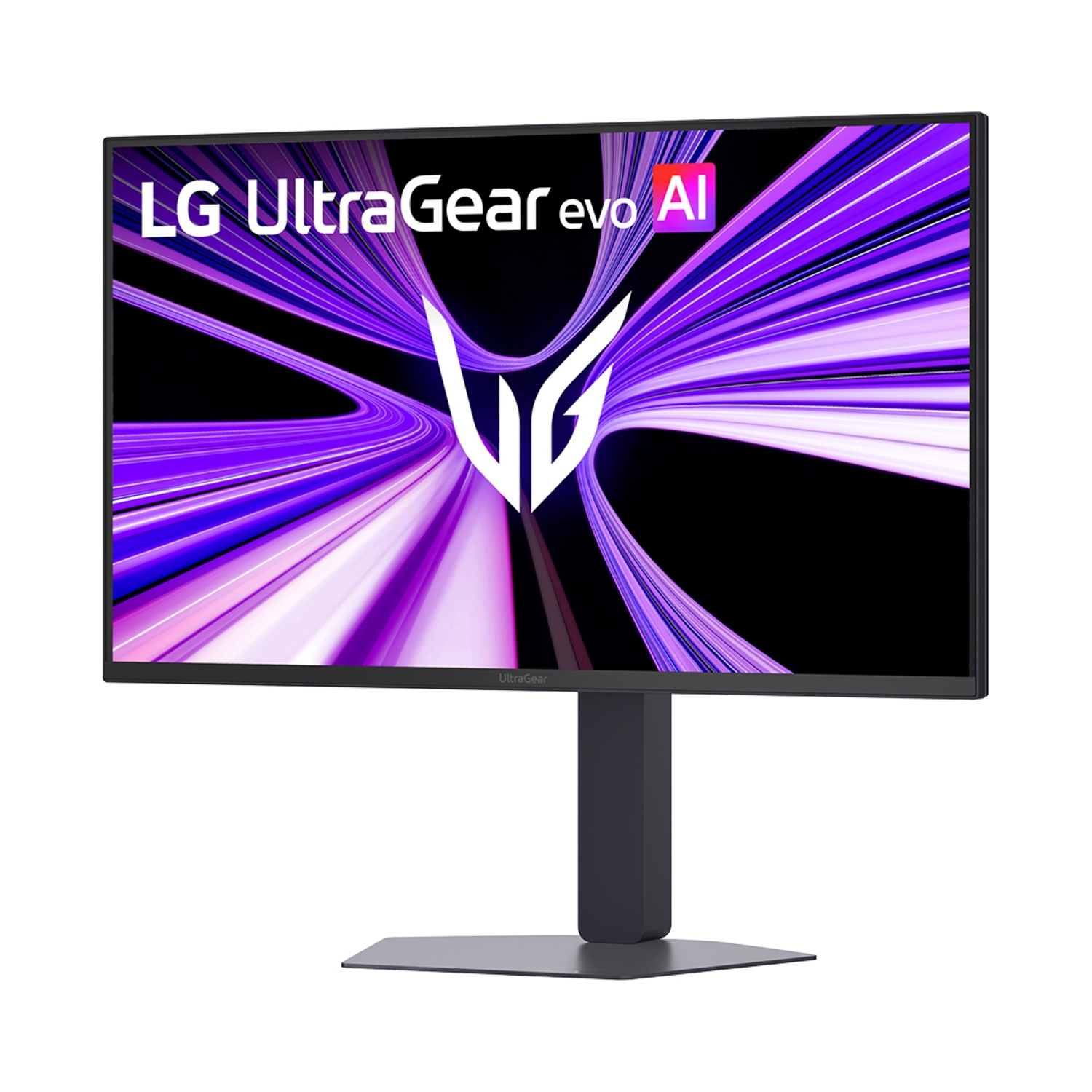Monitor LG UltraGear con supporto nero e sfondo dello schermo astratto viola.