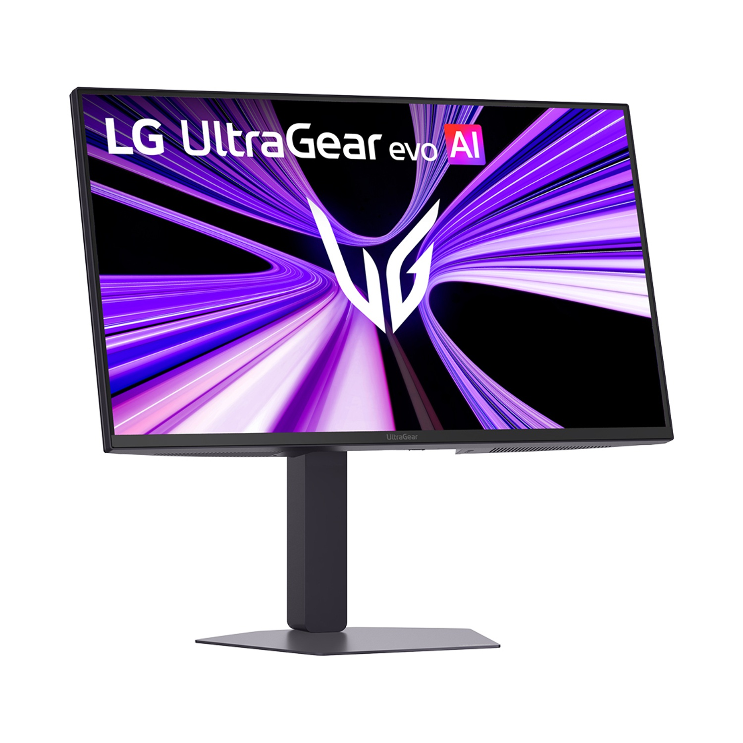 Monitor LG UltraGear evo AI che mostra grafica astratta viola su sfondo bianco.