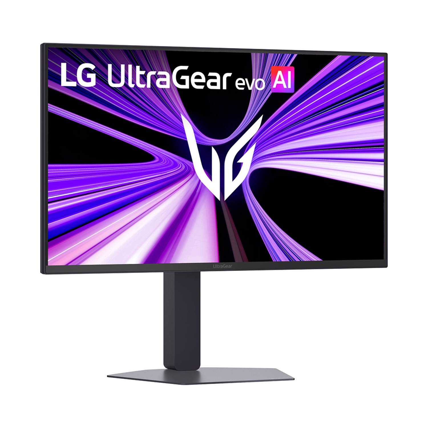 Monitor LG UltraGear con un design astratto viola e logo sullo schermo.