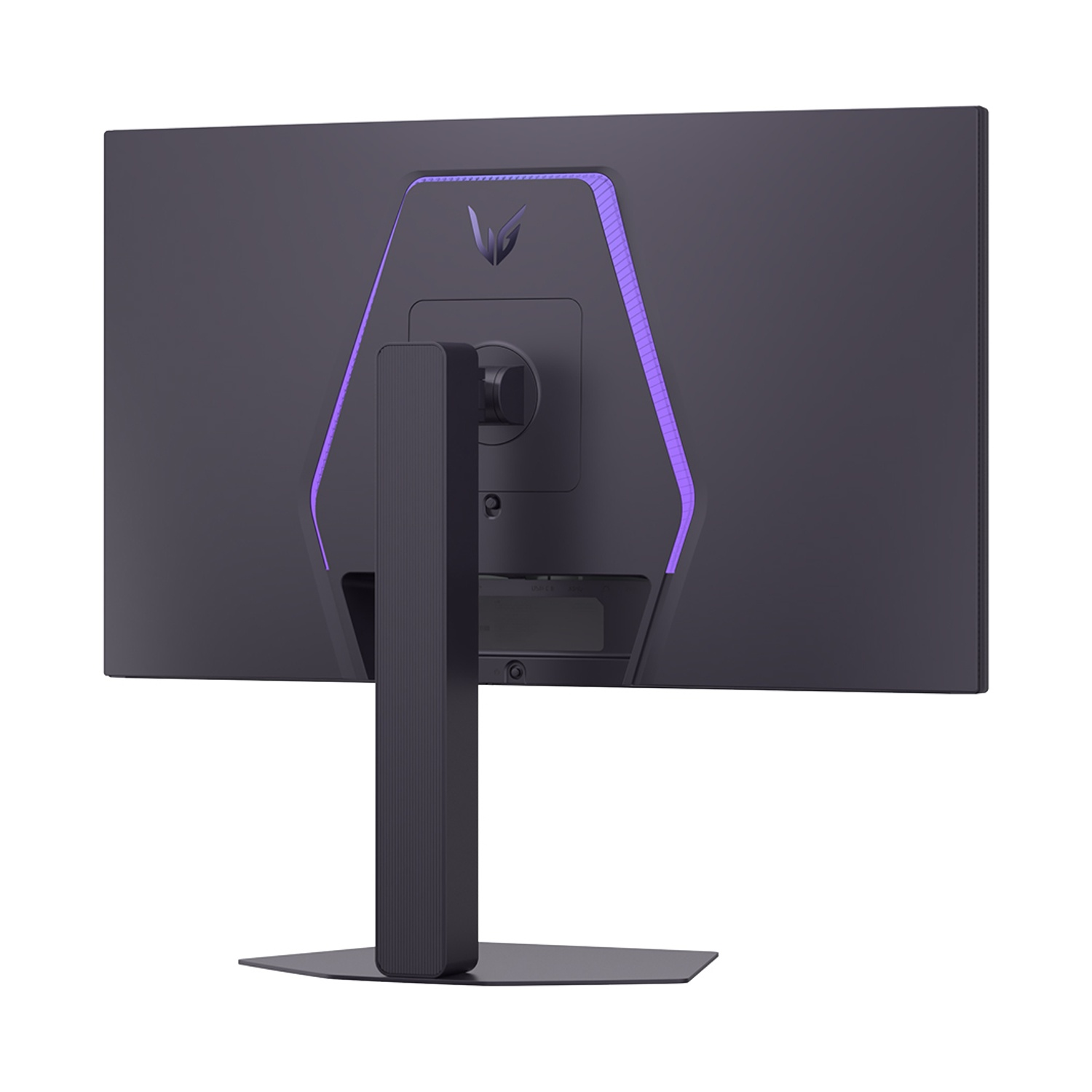 Il retro di un monitor per computer nero con un supporto verticale e illuminazione a LED viola.