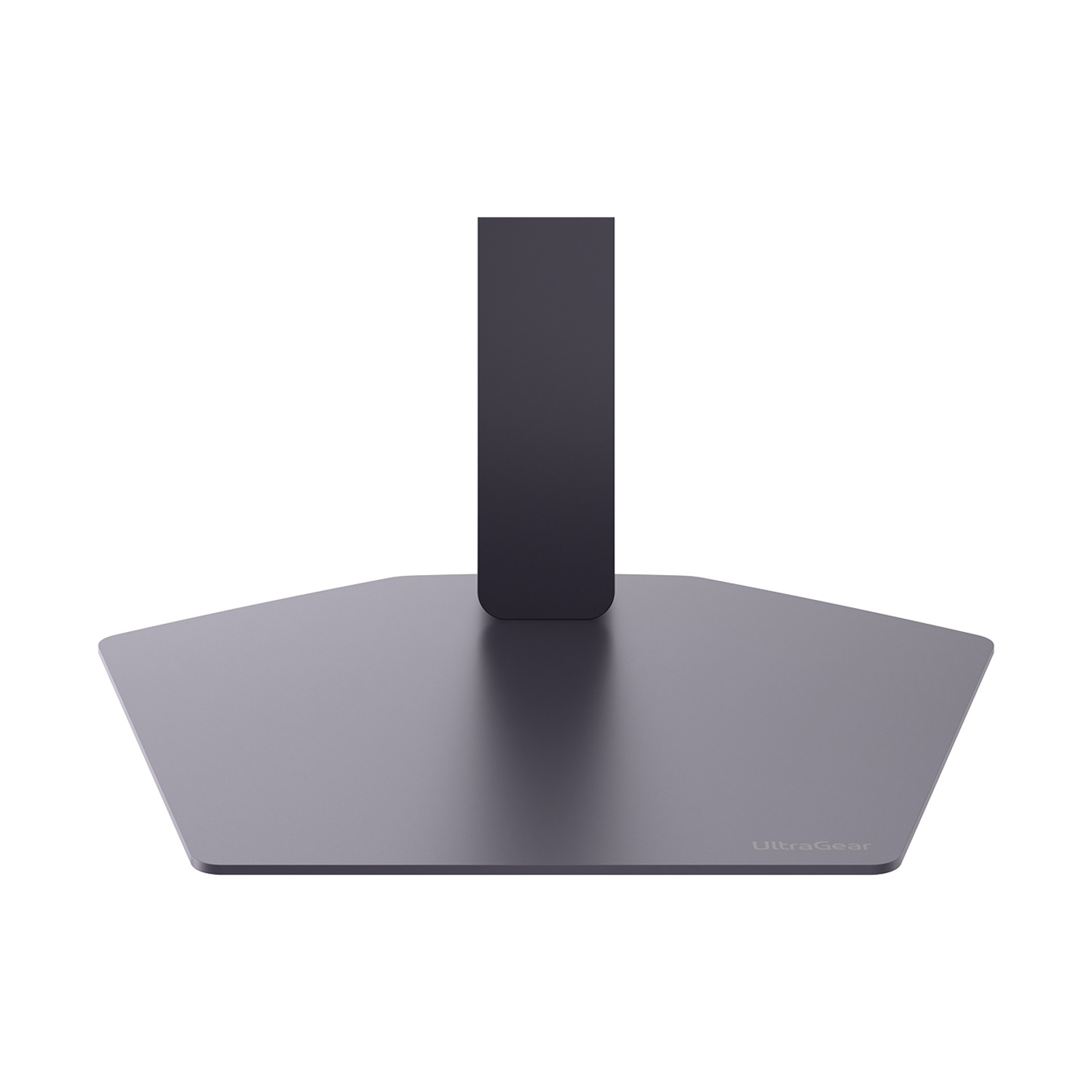 Un supporto per monitor nero con base pentagonale e braccio verticale su sfondo bianco.