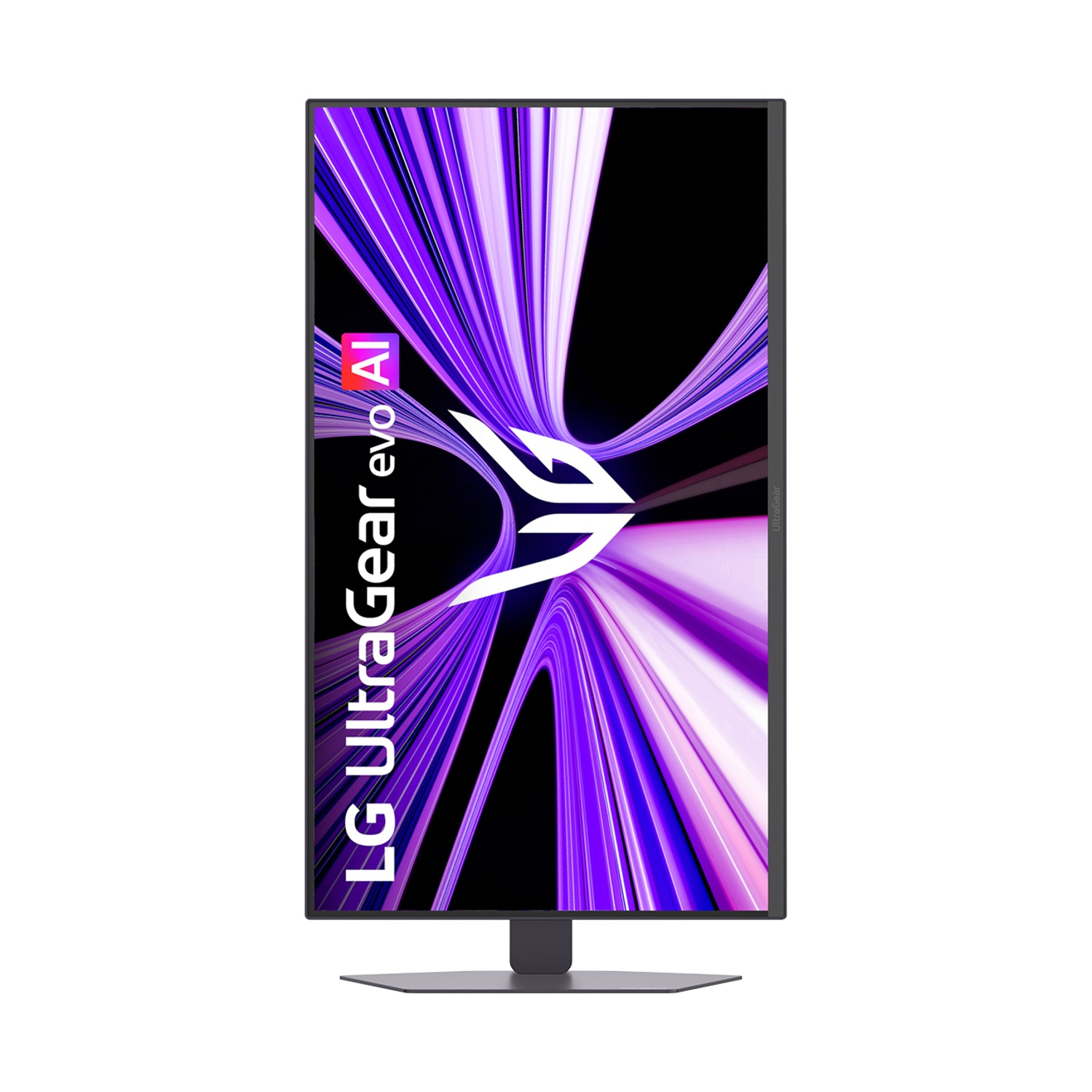 Un monitor LG UltraGear in modalità verticale mostra uno sfondo astratto viola e bianco con linee e logo bianco.