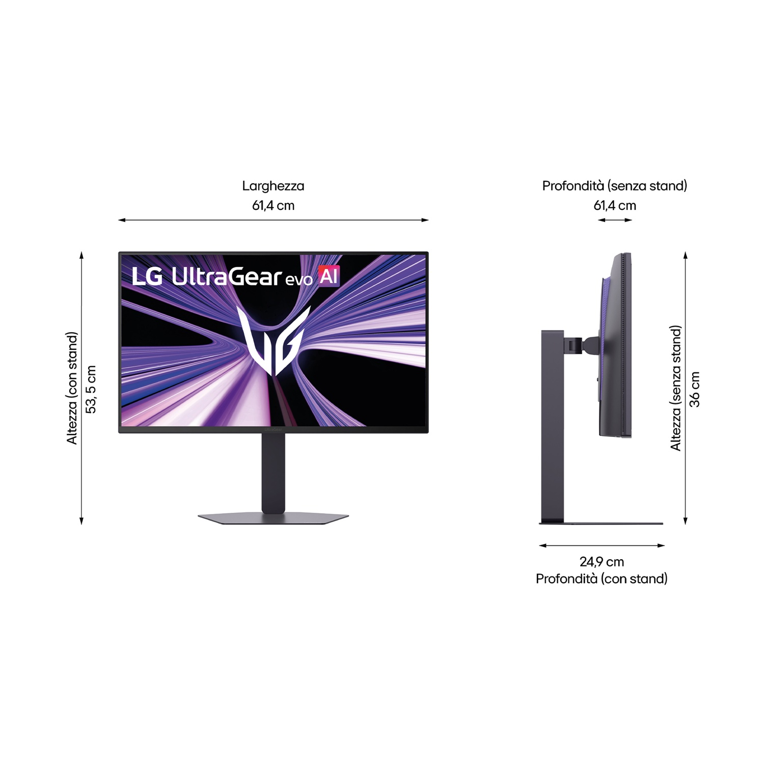 Diagramma con le dimensioni del monitor LG UltraGear viste frontalmente e lateralmente.