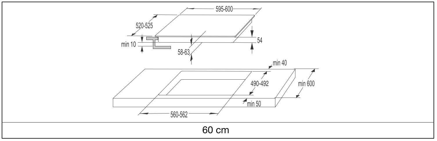 Műszaki rajz egy 60 cm-es főzőlap és a munkalap kivágási méreteivel.