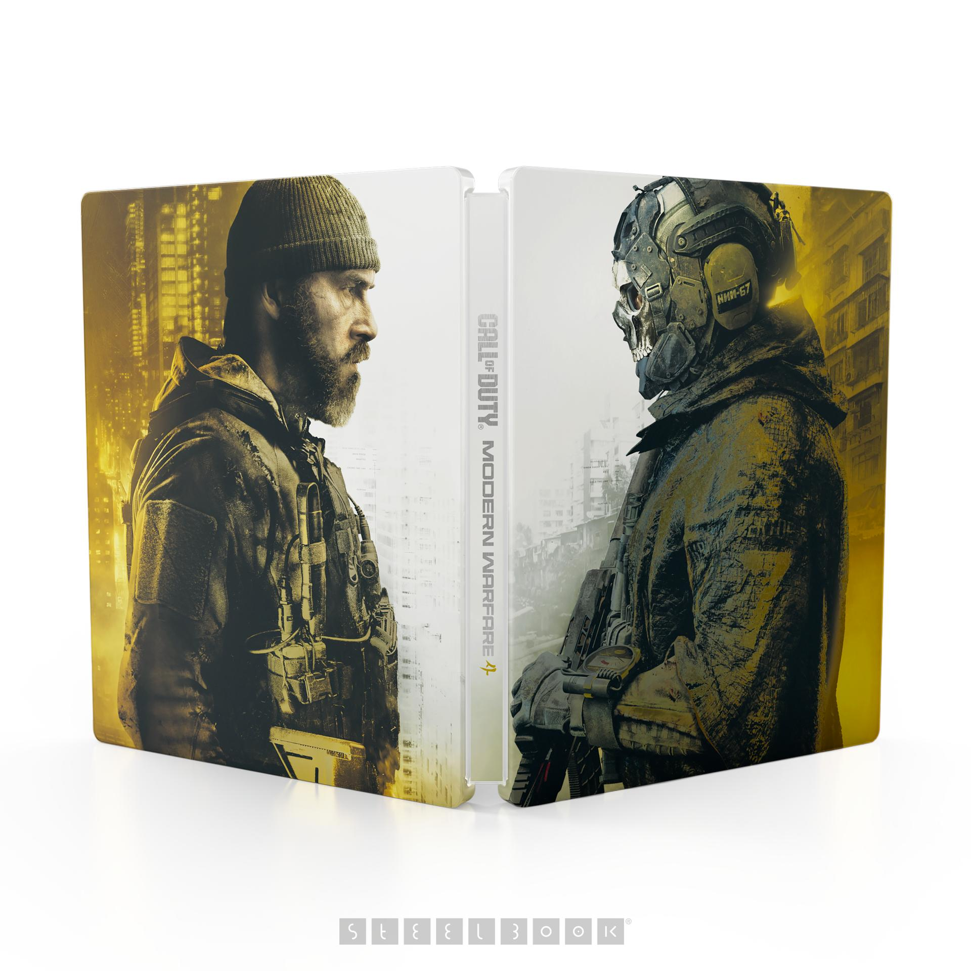 Call of Duty Modern Warfare Steelbook mit Soldaten in Kampfkleidung vor einer Stadt.