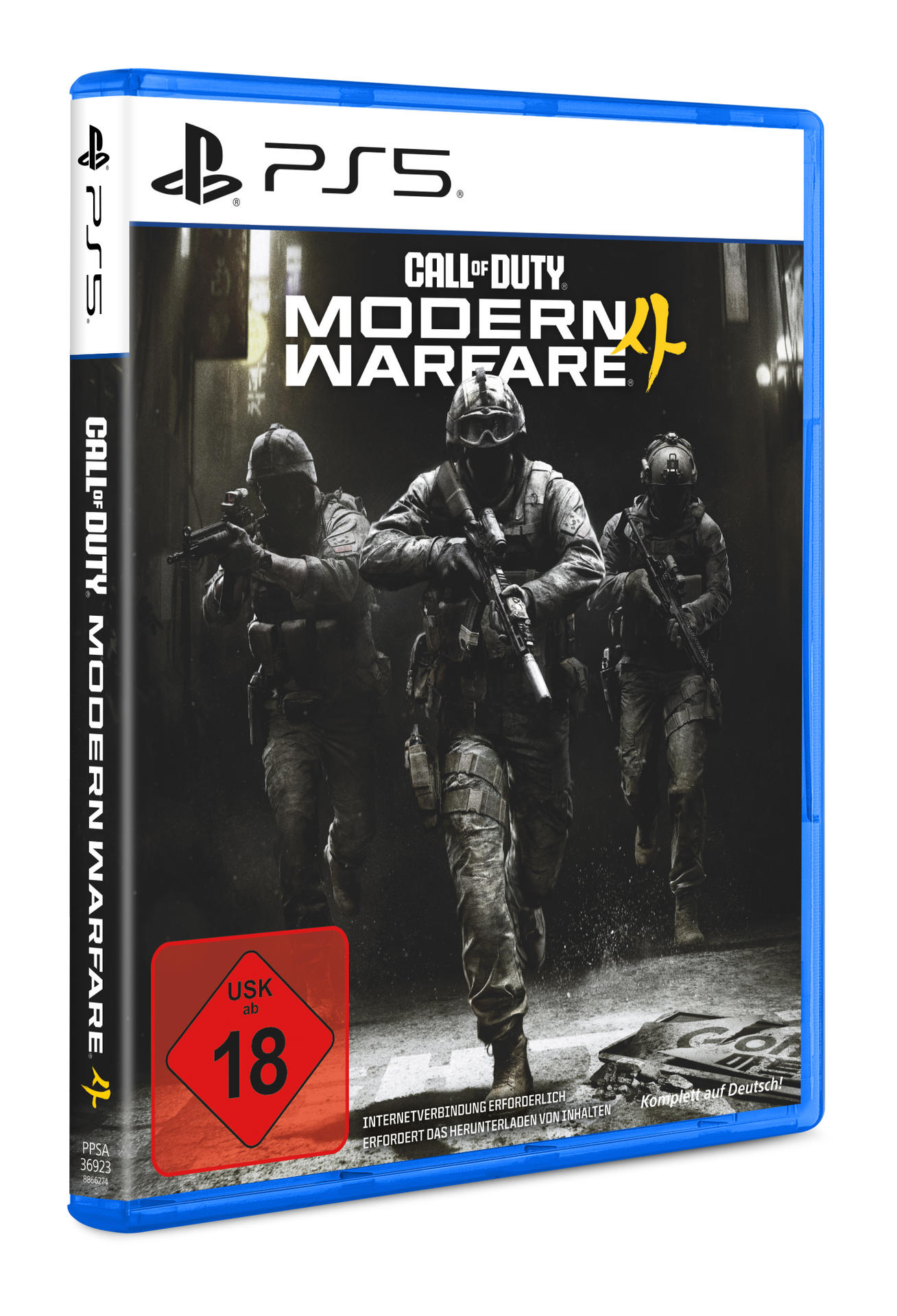 PS5-Spielhülle für Call of Duty: Modern Warfare II mit drei Soldaten in Kampfausrüstung und USK-18-Siegel.