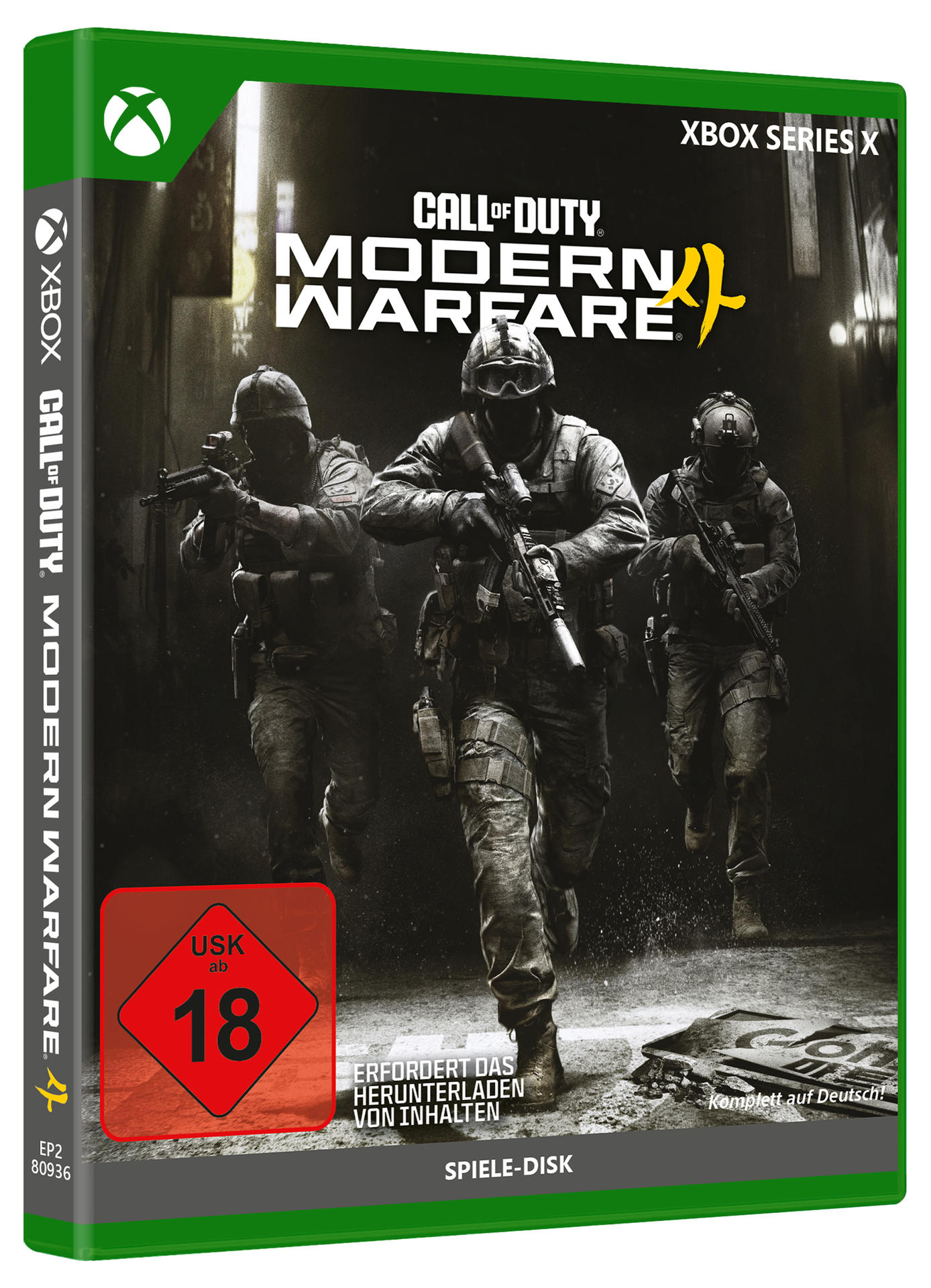 Xbox Series X-Spielhülle für Call of Duty: Modern Warfare II mit drei bewaffneten Soldaten und USK 18-Logo.