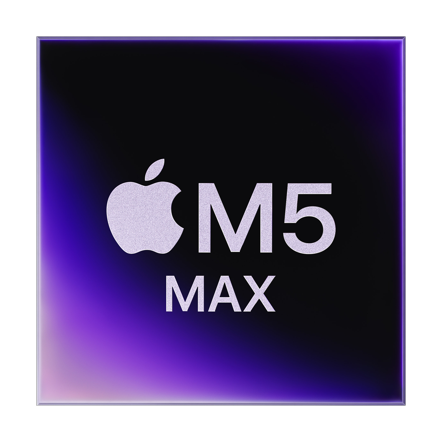 Il logo Apple M5 Max in testo argentato strutturato su sfondo scuro con bordo viola.