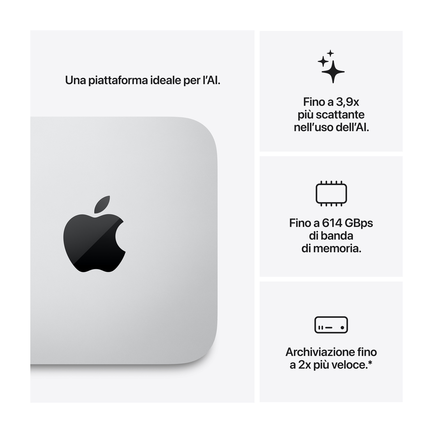 Dispositivo Apple con prestazioni IA, larghezza di banda di memoria e archiviazione veloce.