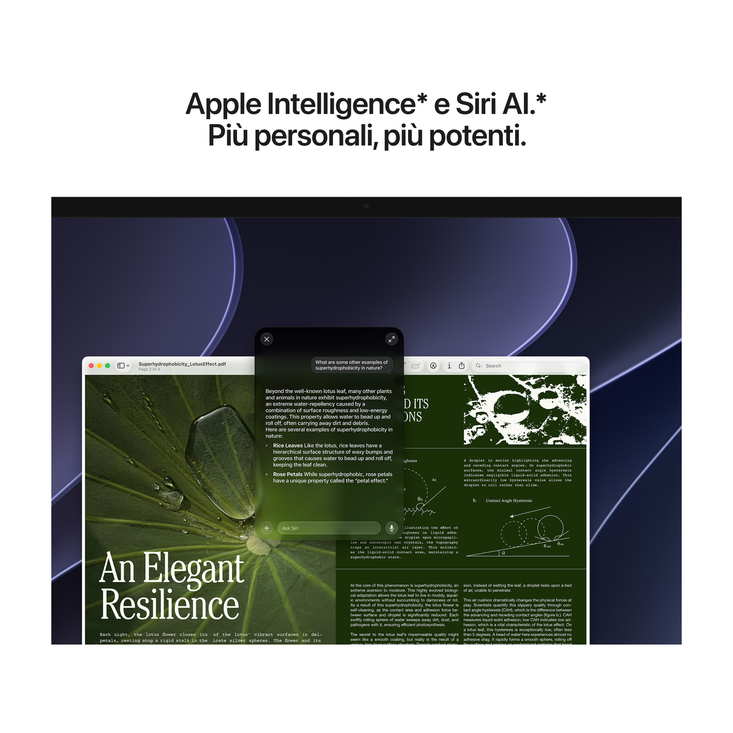 Presentazione di Apple Intelligence e Siri AI con testo e documenti sullo schermo.