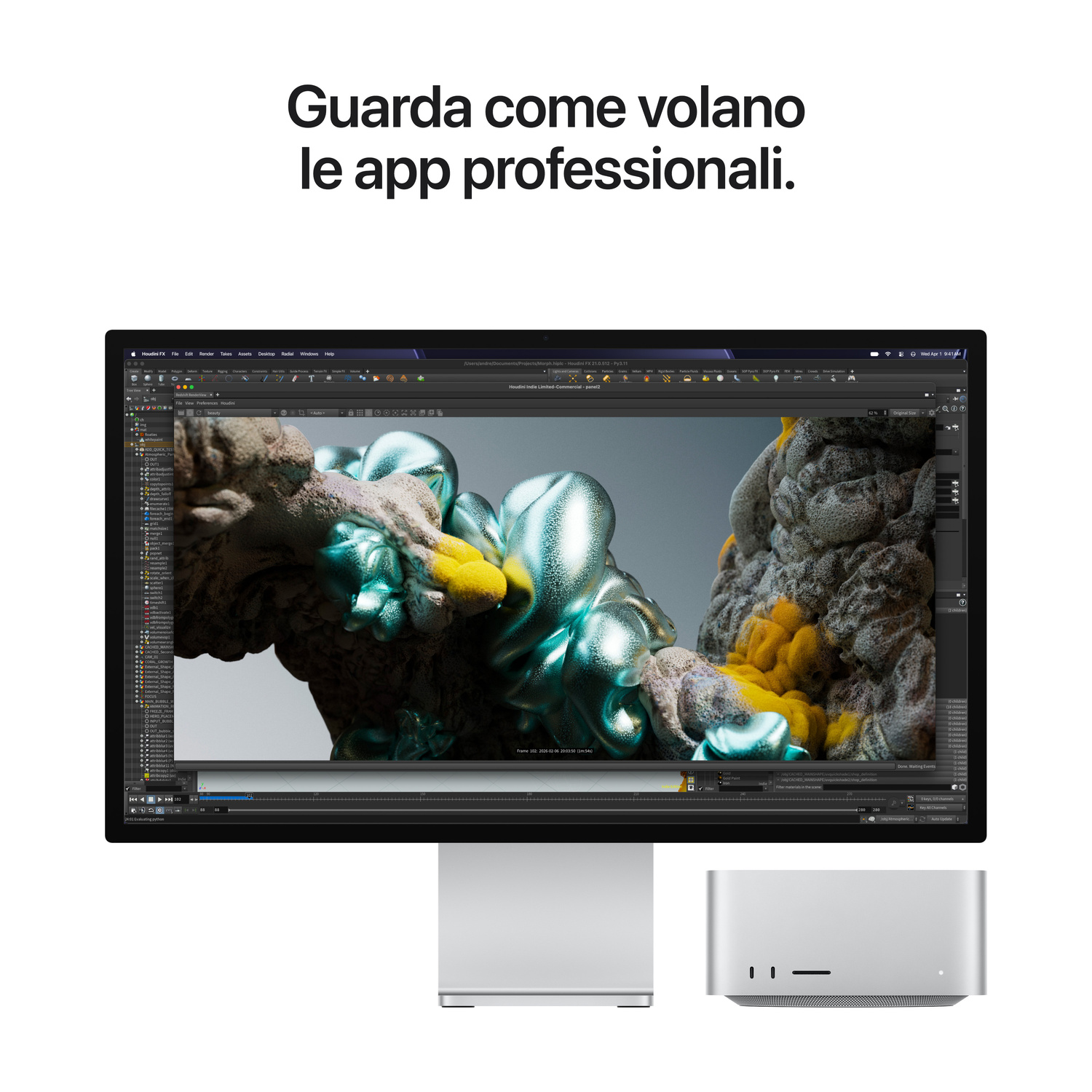 Un computer Mac Studio con Studio Display mostra l'interfaccia del software 3D Houdini.