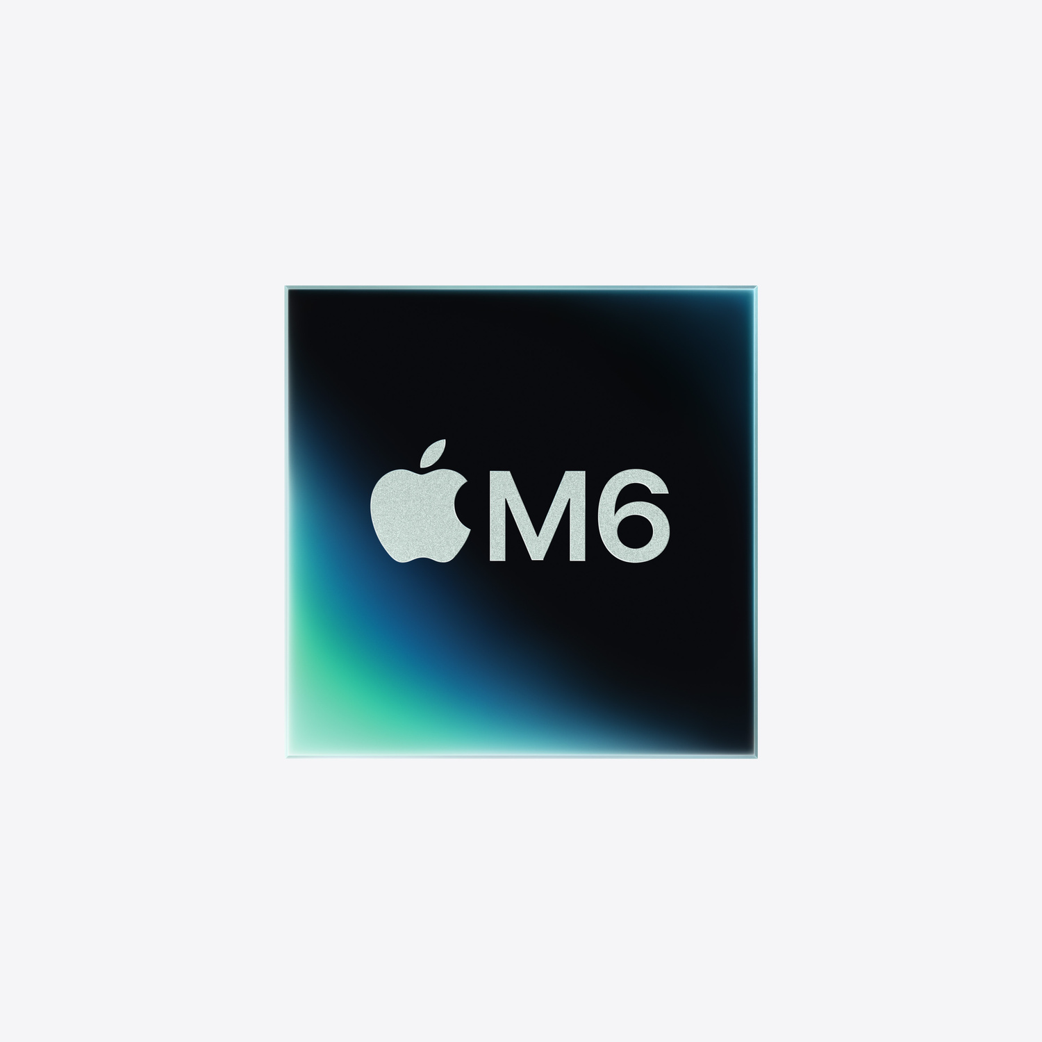 Un chip Apple M6 su sfondo scuro con accenti di luce verde e blu.