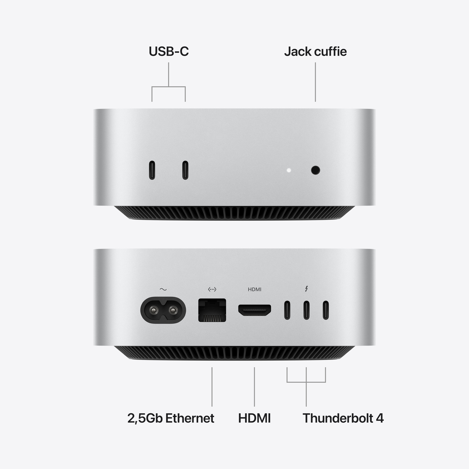 Parte anteriore e posteriore di un case per computer argentato con varie porte ed etichette.