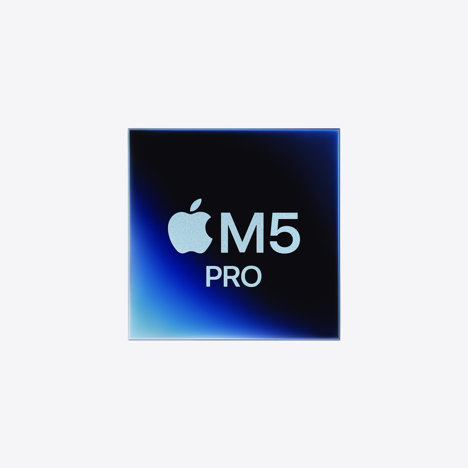 Chip blu lucido con logo Apple scintillante e testo bianco M5 Pro su sfondo bianco.
