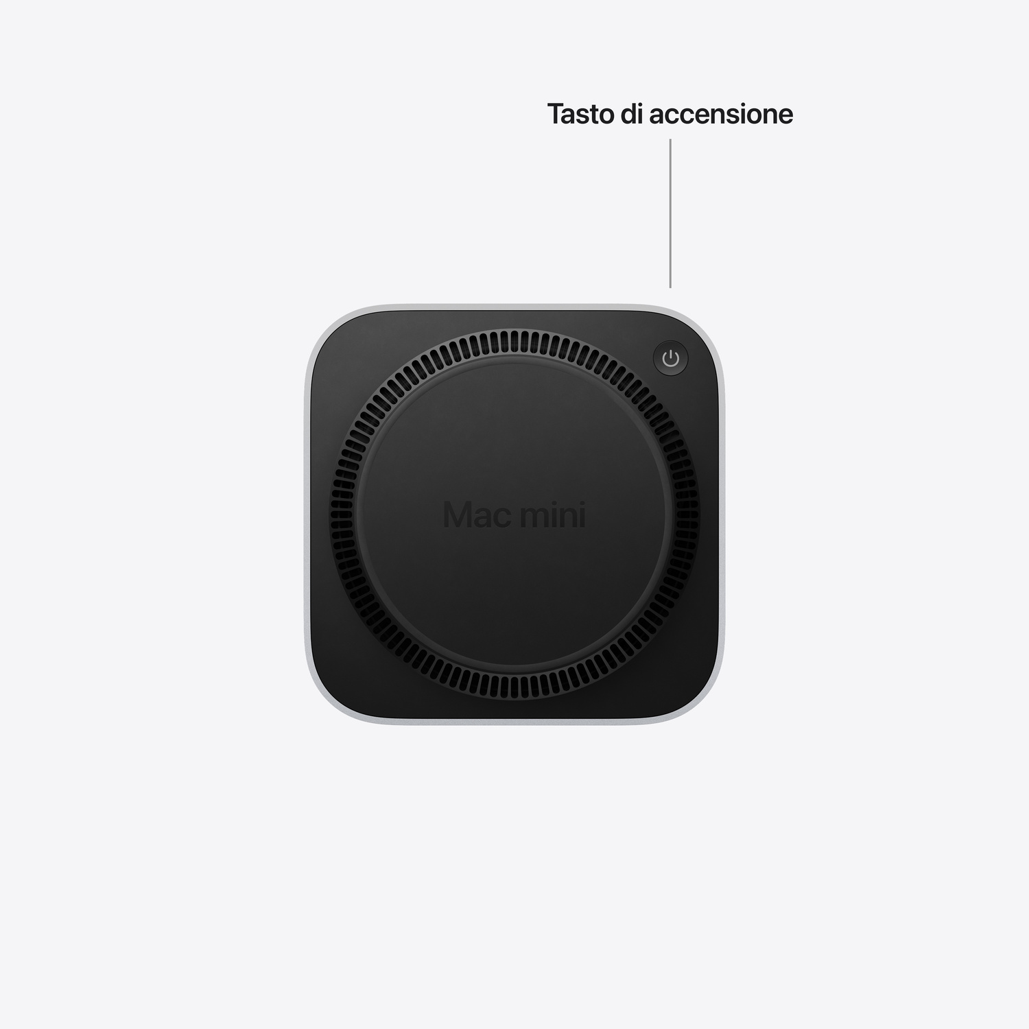 Parte inferiore del Mac mini con tasto di accensione e griglie di aerazione.