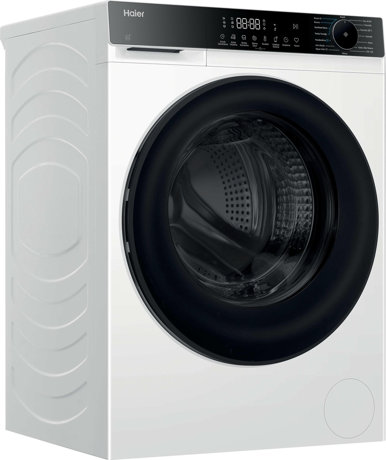 Siyah kontrol paneline ve yuvarlak cam kapıya sahip modern beyaz Haier çamaşır makinesi.