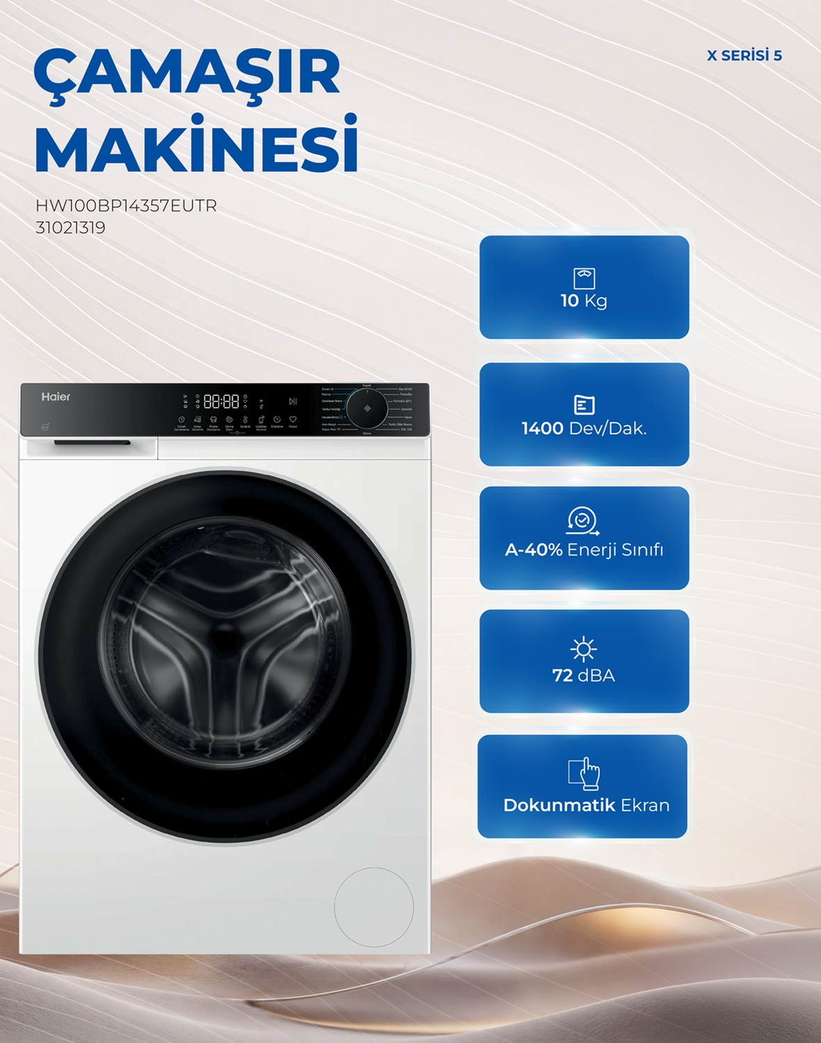 10 kg kapasiteli, 1400 devir, dokunmatik ekranlı ve enerji tasarruflu Haier çamaşır makinesi.