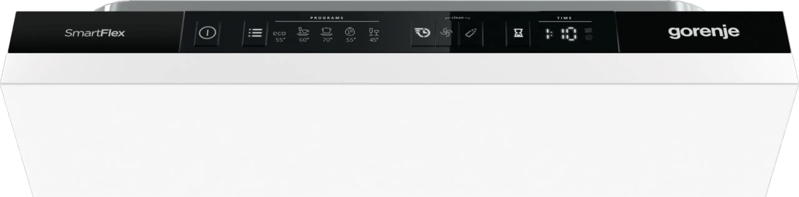 Egy fehér Gorenje SmartFlex mosogatógép vezérlőpultja érintőgombokkal és digitális kijelzővel.