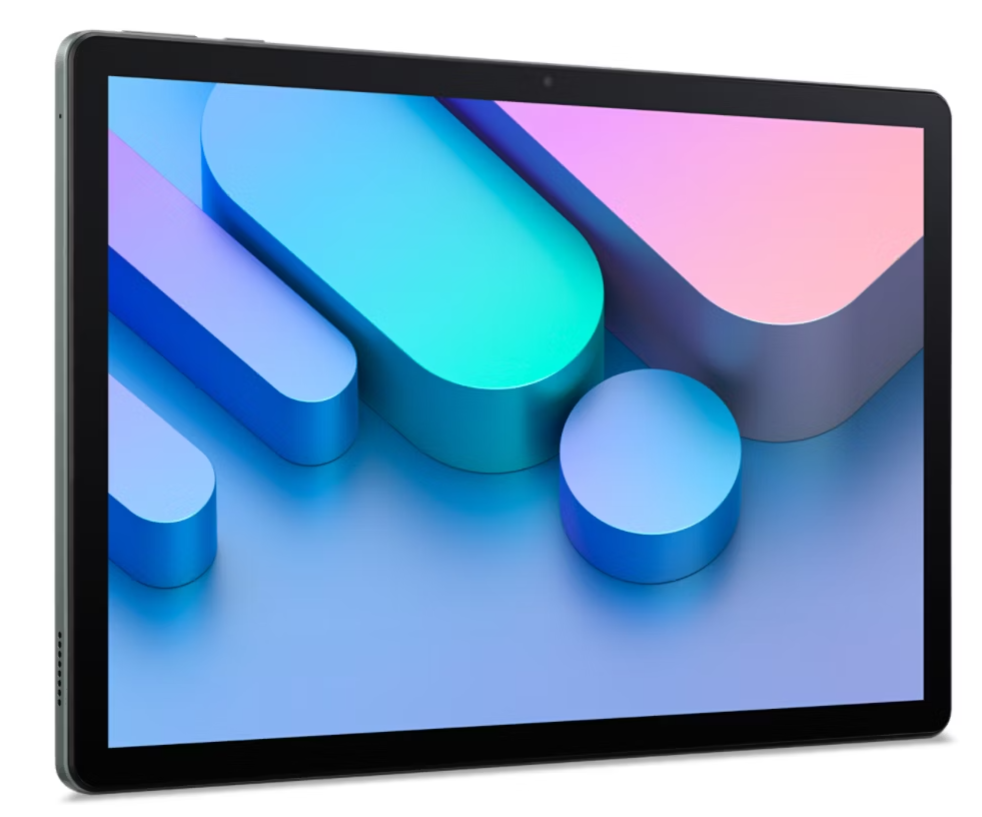 Egy tablet képernyőjén színes, absztrakt 3D formák láthatók kék, türkiz és rózsaszín színben, kék háttéren.