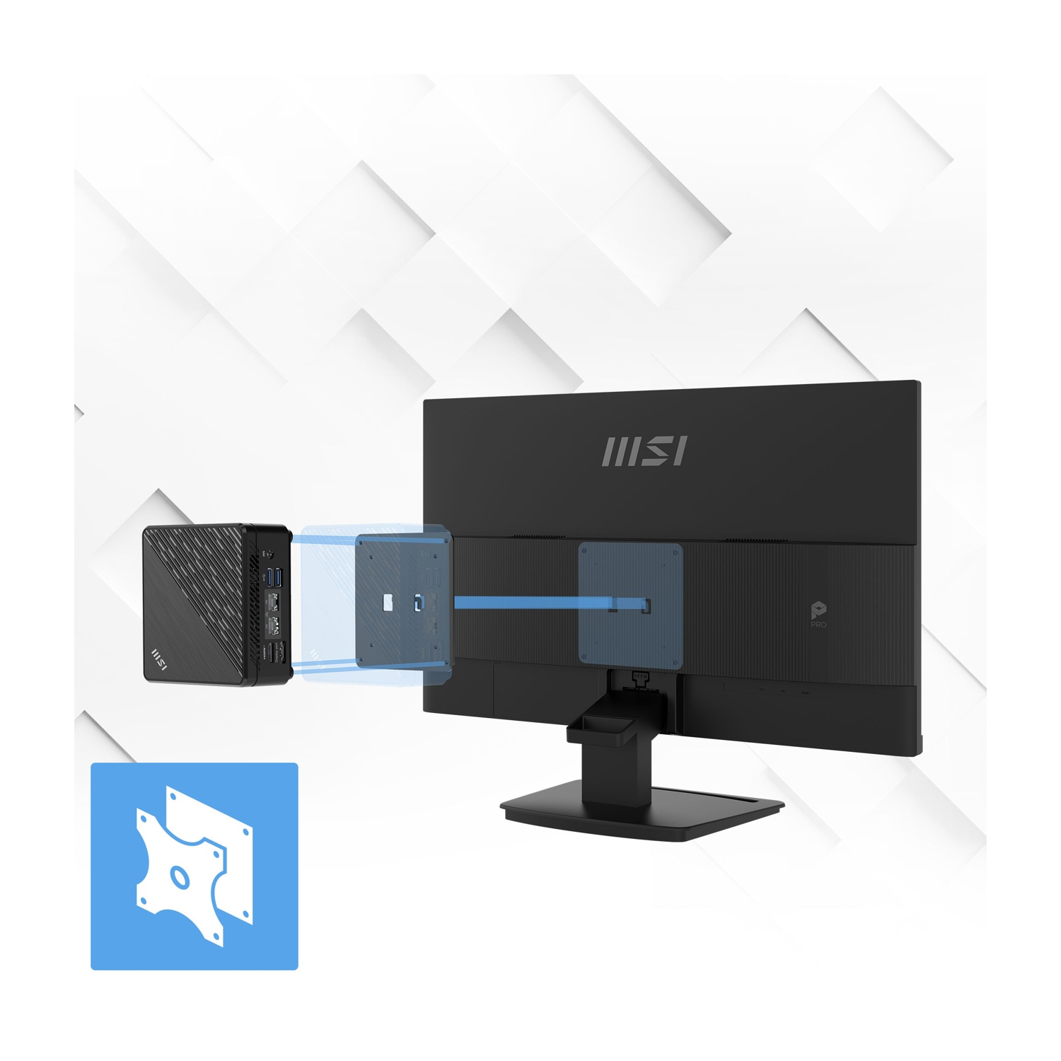 Un mini PC MSI viene montato sul retro di un monitor nero tramite staffa VESA.
