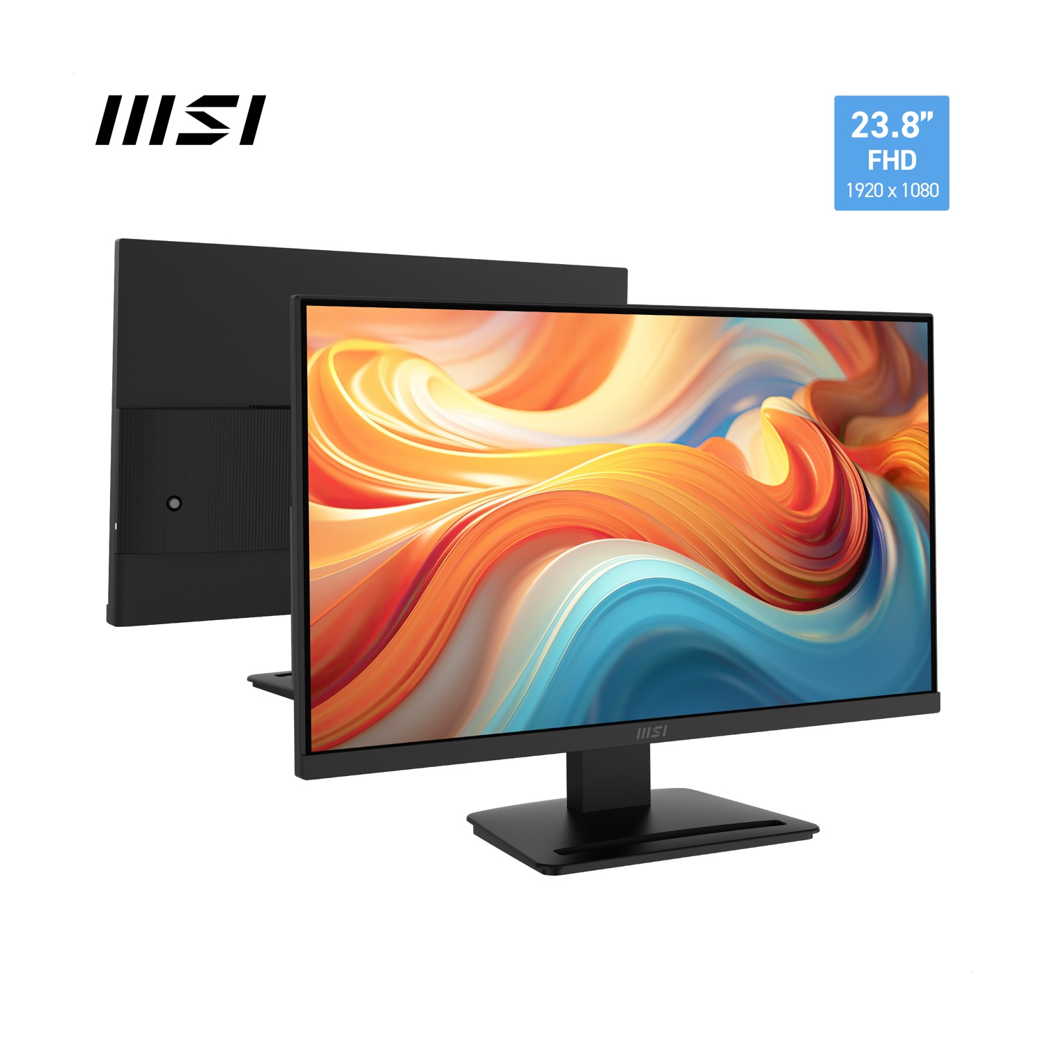 Monitor FHD MSI da 23.8 pollici che mostra un motivo a onde colorato.