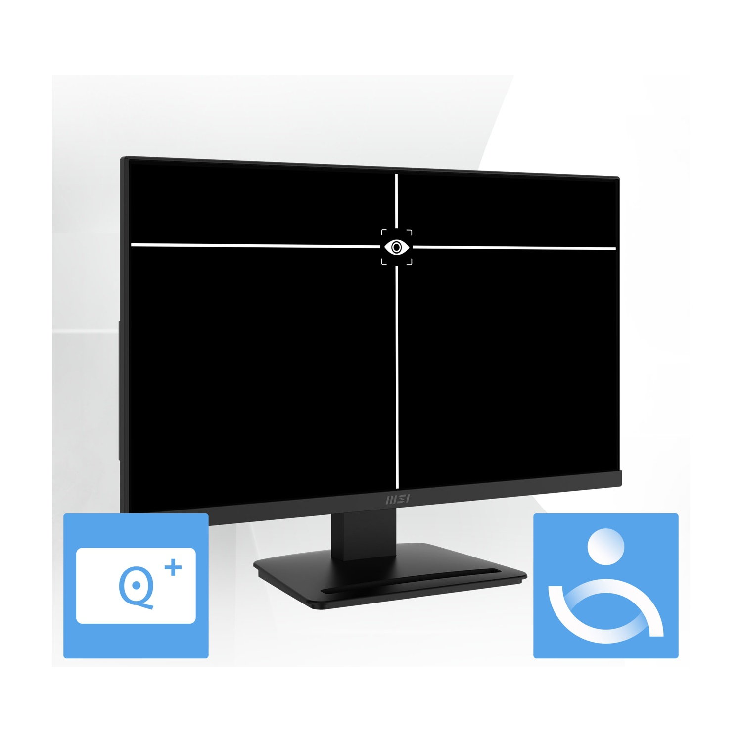 Monitor nero con mirino al centro e icone blu agli angoli inferiori.