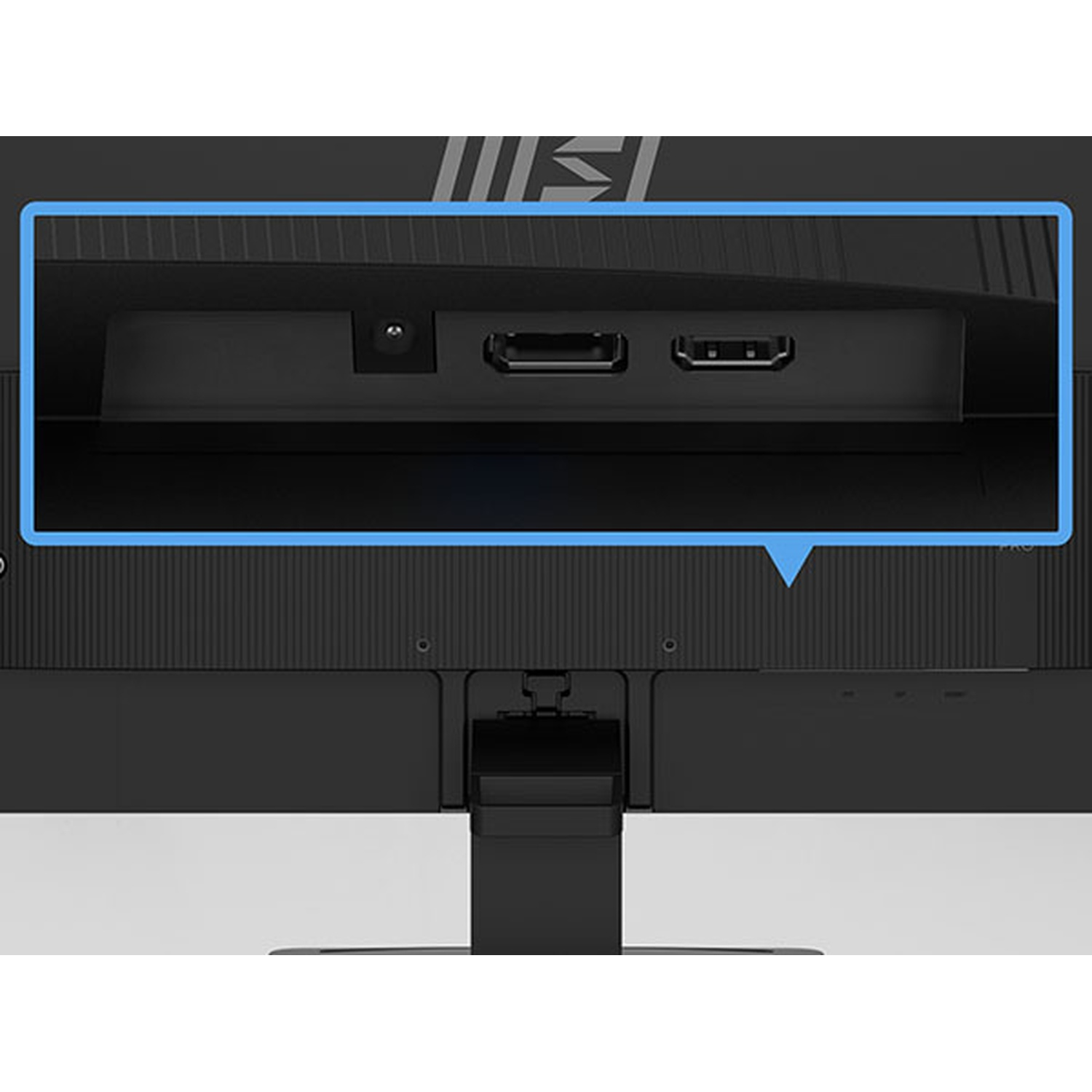 Pannello posteriore di un monitor nero che evidenzia le porte di alimentazione, HDMI e DisplayPort.