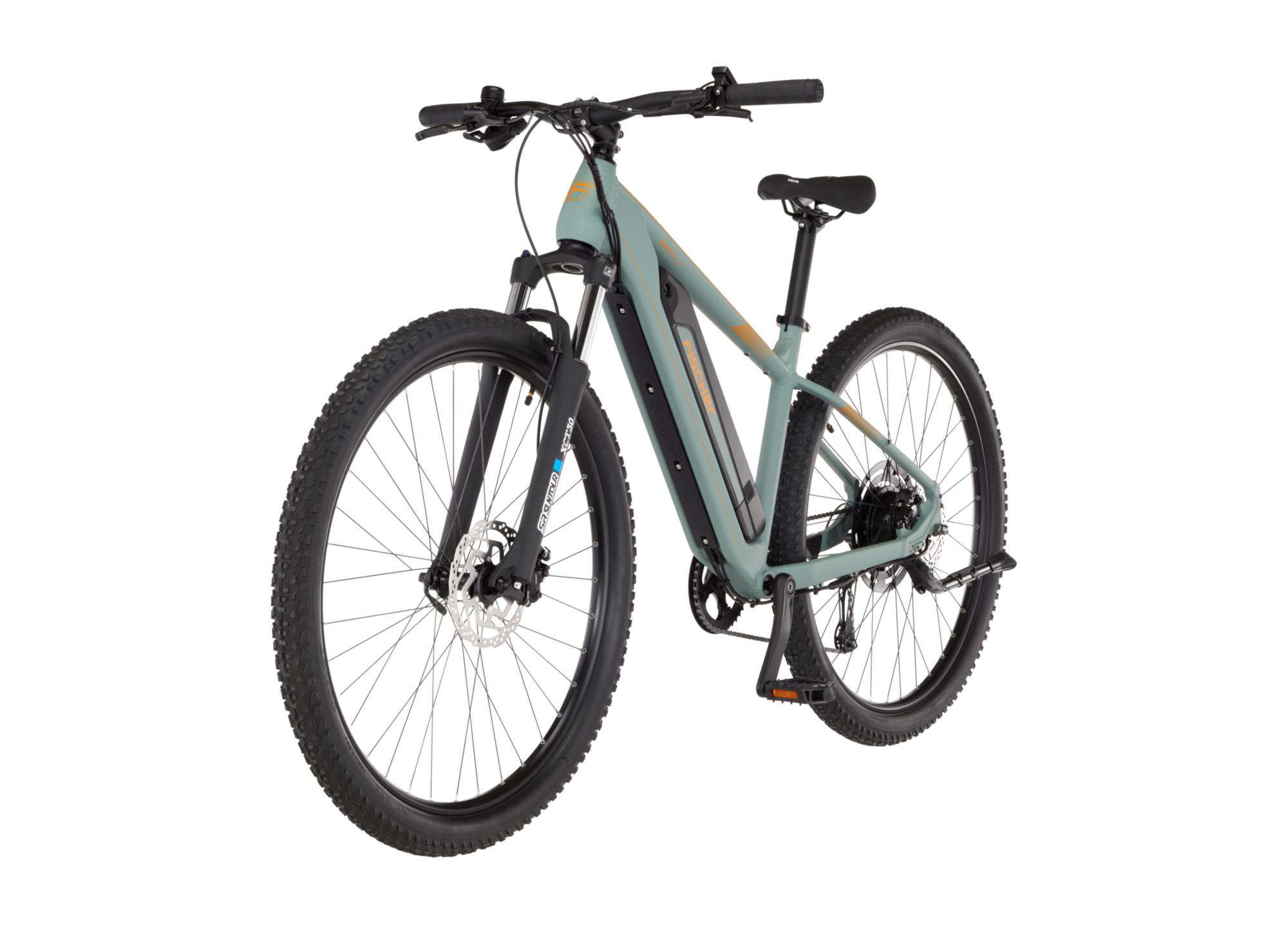 Ein hellgrünes E-Mountainbike mit dicken Reifen, Federgabel und schwarzem Akku am Rahmen.
