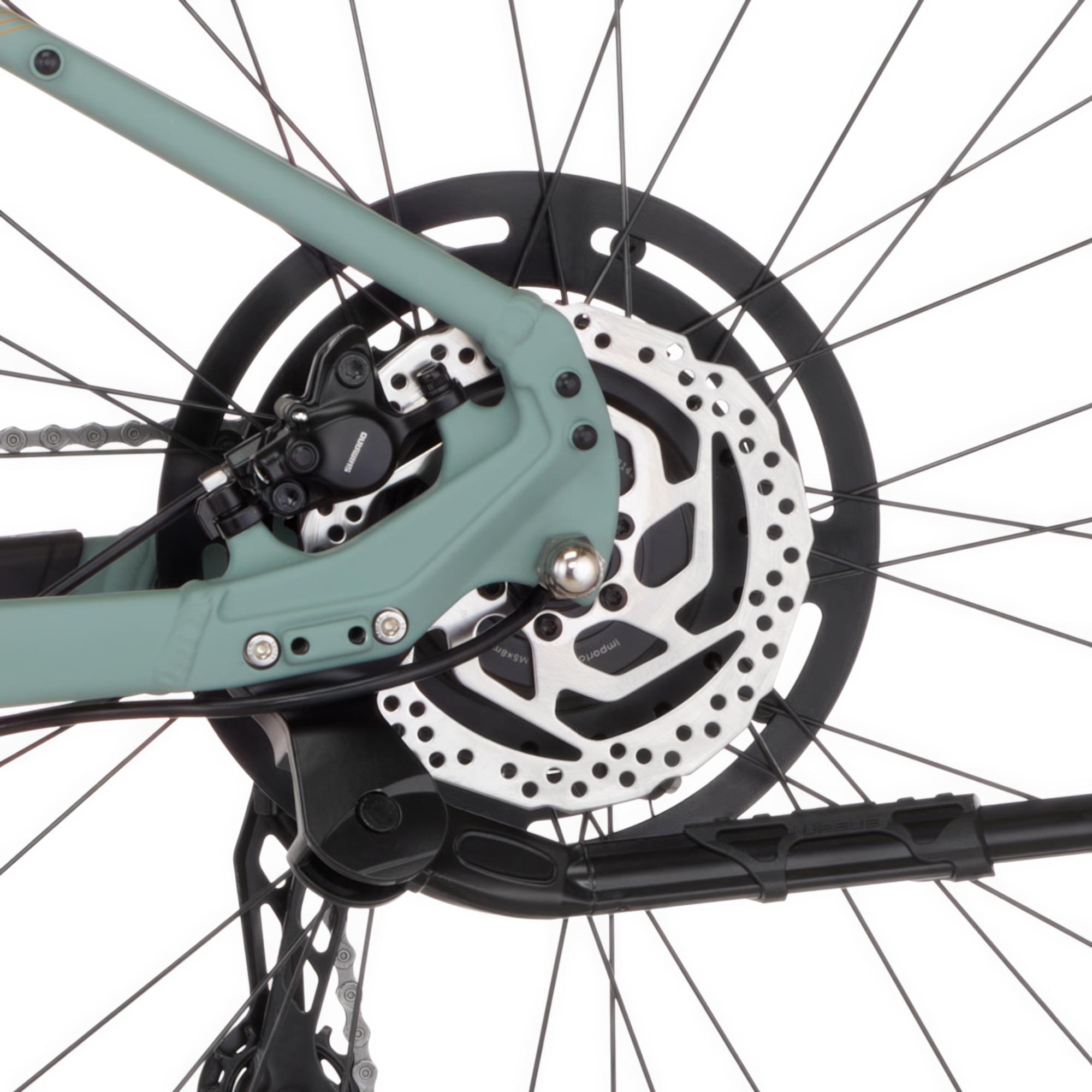 Nahaufnahme der grünen Fahrradhinterachse mit Scheibenbremse, Kette und Ständer auf weißem Hintergrund.