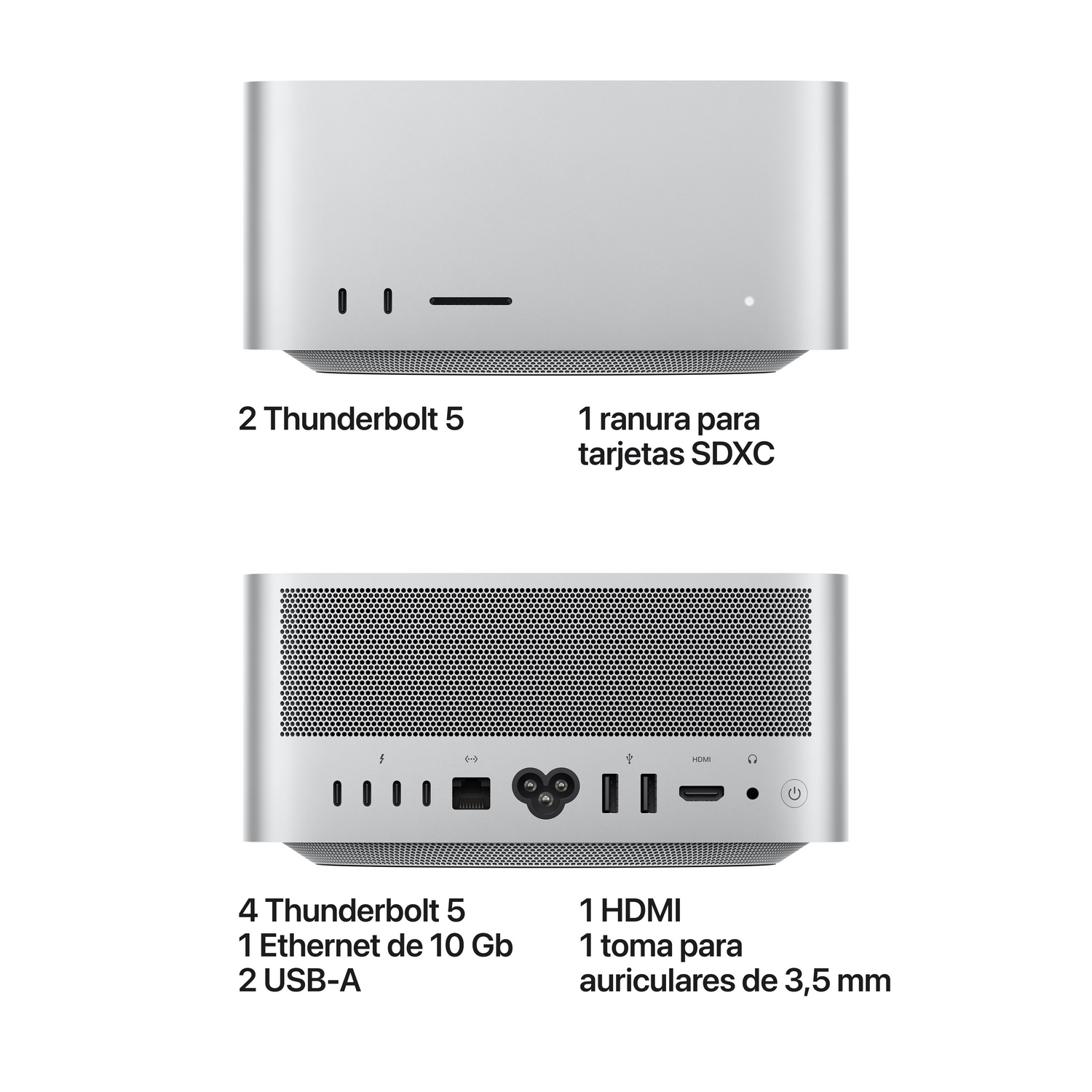 Vista frontal y trasera de un Mac Studio que muestra puertos como Thunderbolt 5, USB-A, HDMI y ranura SDXC.
