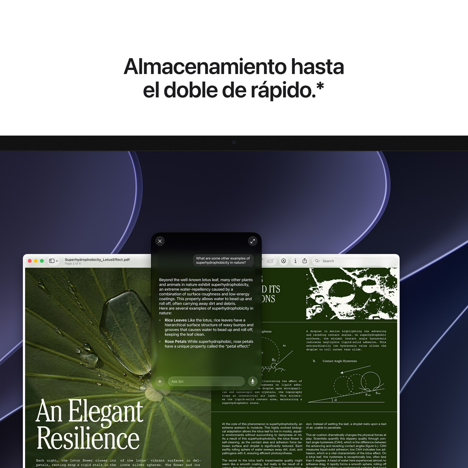 Un documento PDF sobre superhidrofobicidad en la pantalla de una computadora con una ventana de Siri abierta y texto arriba.