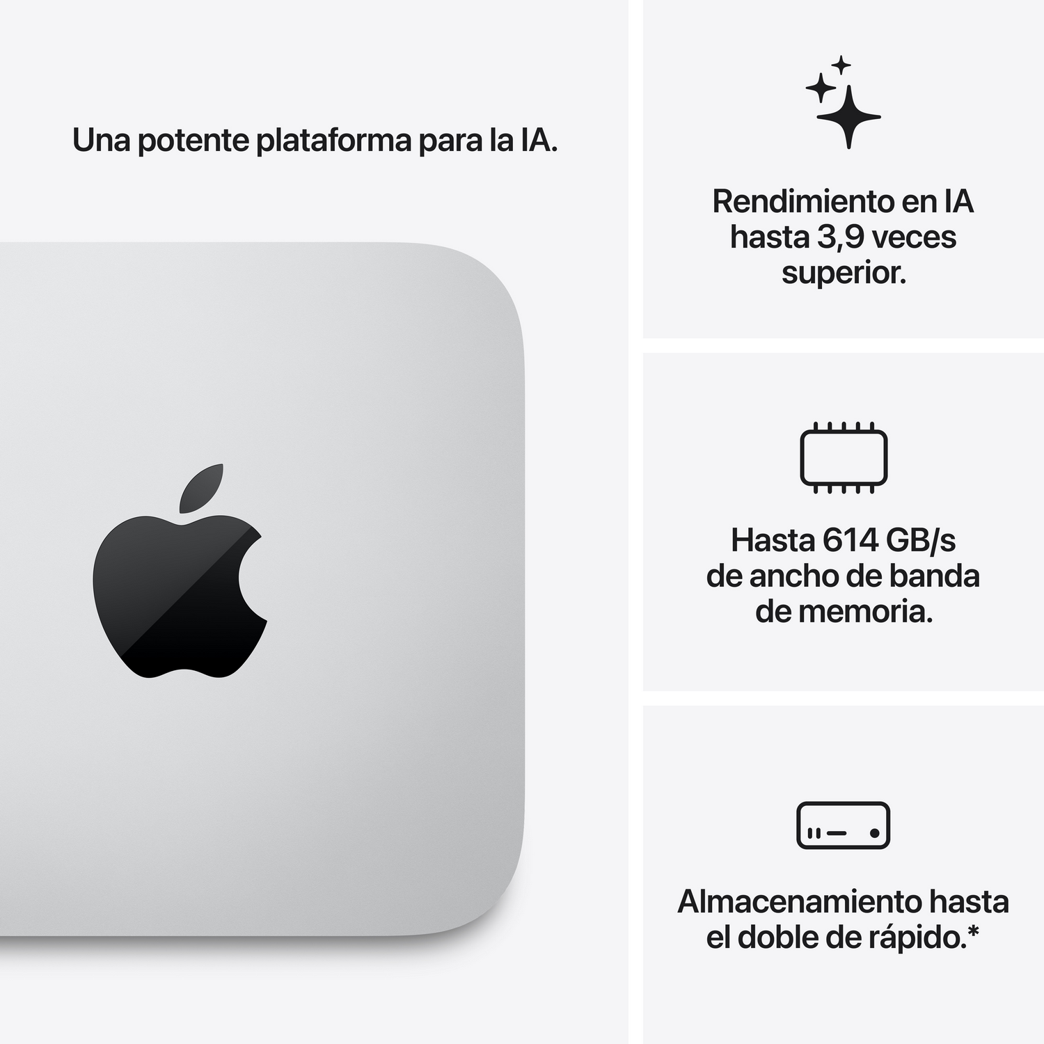 Un dispositivo Apple con funciones de IA, ancho de banda de memoria y velocidad de almacenamiento, con iconos y texto.