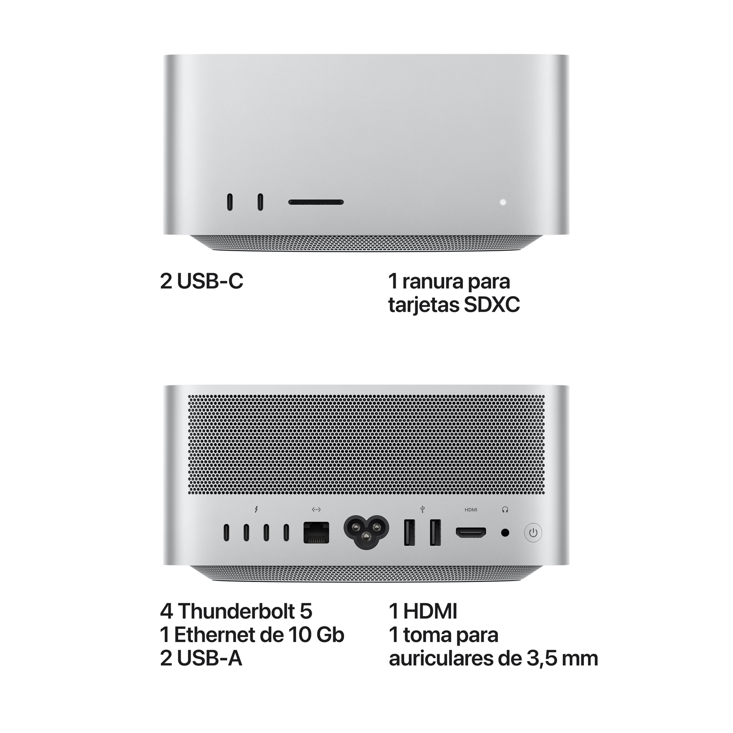 Vistas frontal y trasera de un mini PC plateado con puertos etiquetados.
