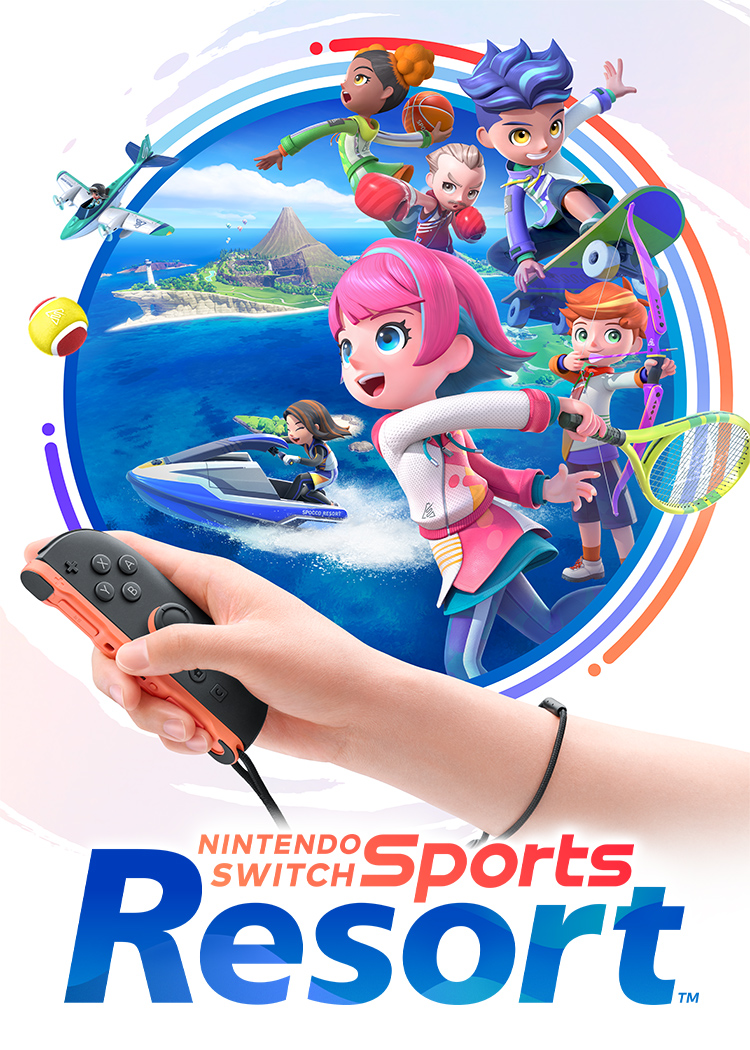 Mano sosteniendo un mando Joy-Con frente a un collage colorido de personajes de Nintendo Switch Sports.