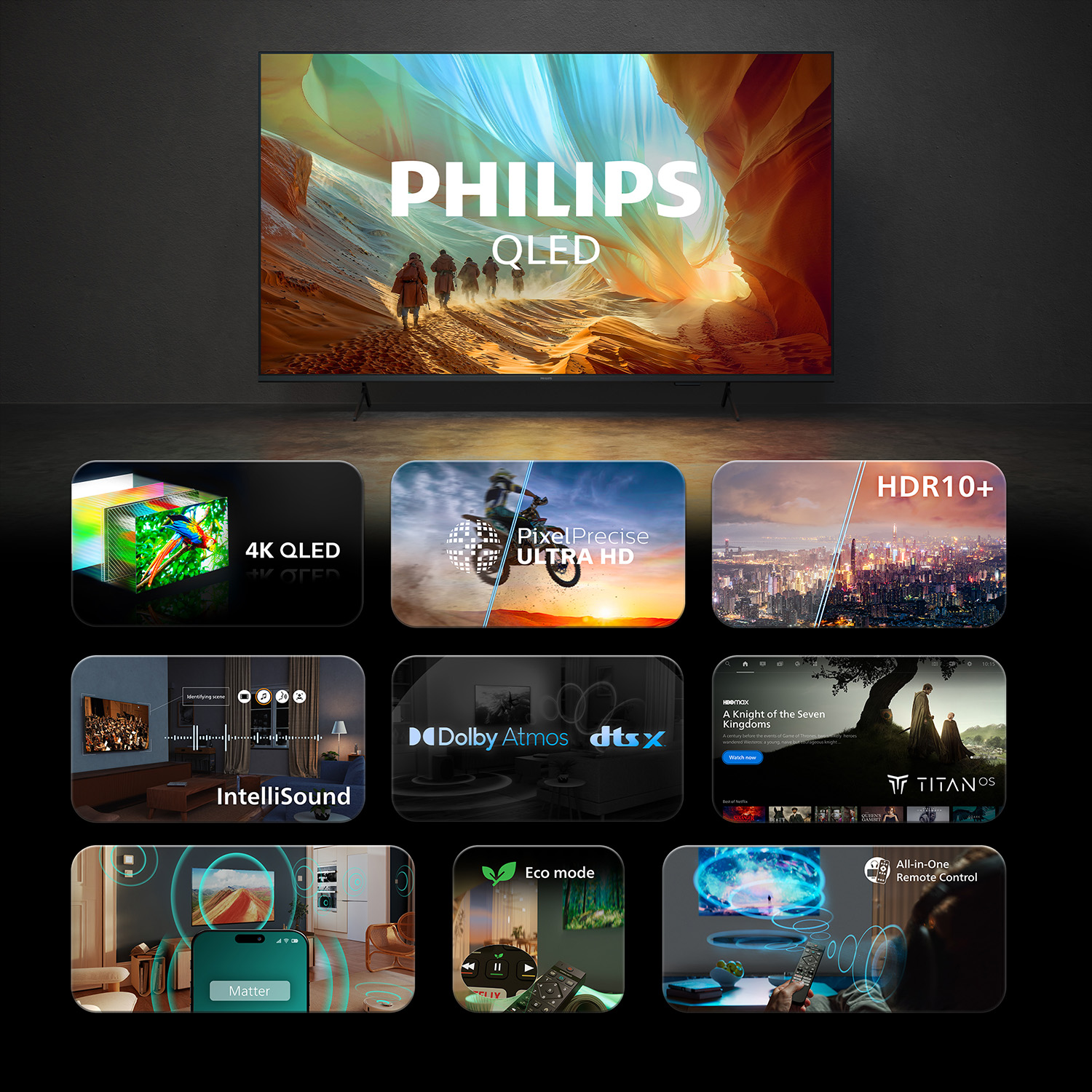 Un televisor Philips QLED muestra varias funciones como 4K, HDR10+, Dolby Atmos y Titan OS.