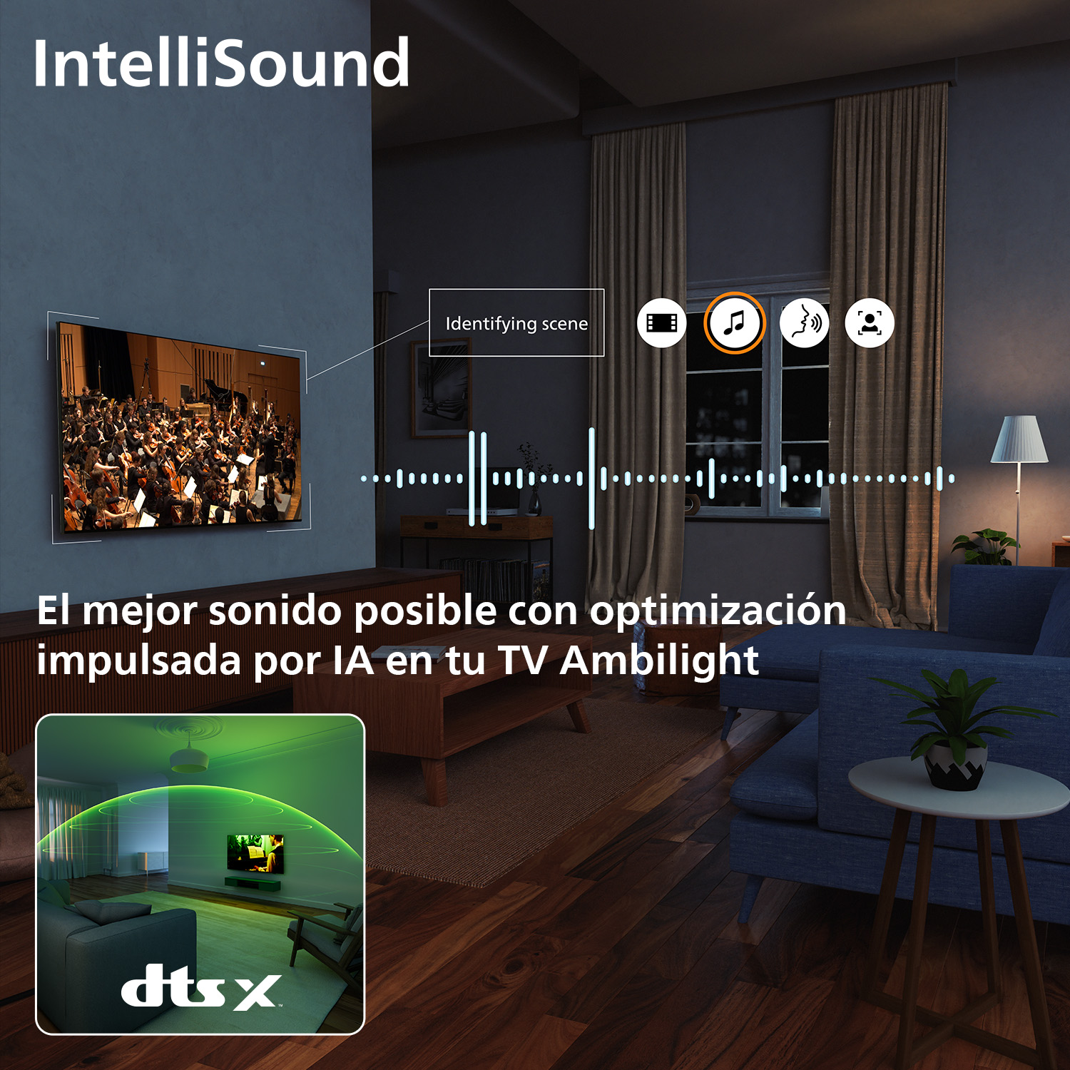 IntelliSound. El mejor sonido posible con optimización impulsada por IA en tu TV Ambilight.