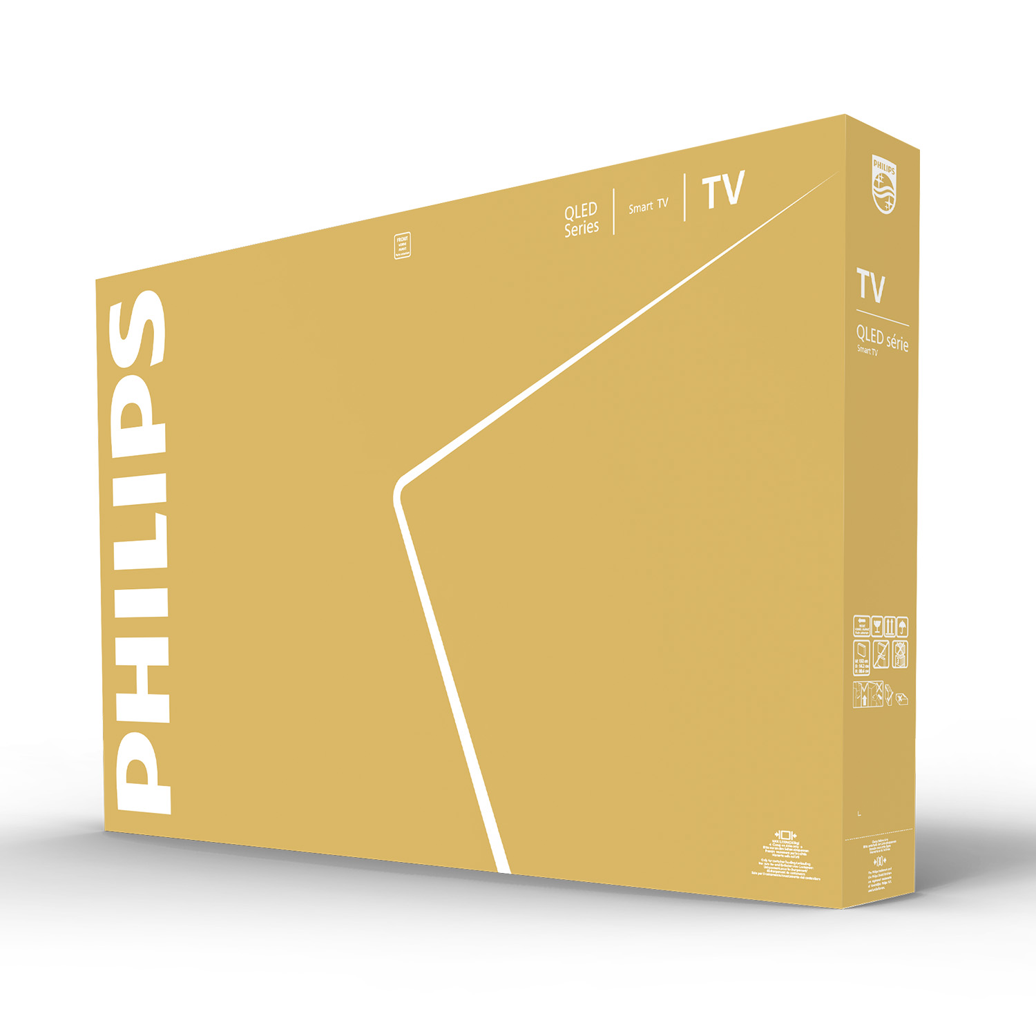 Caja de embalaje amarilla Philips QLED Smart TV con marca e iconos blancos.