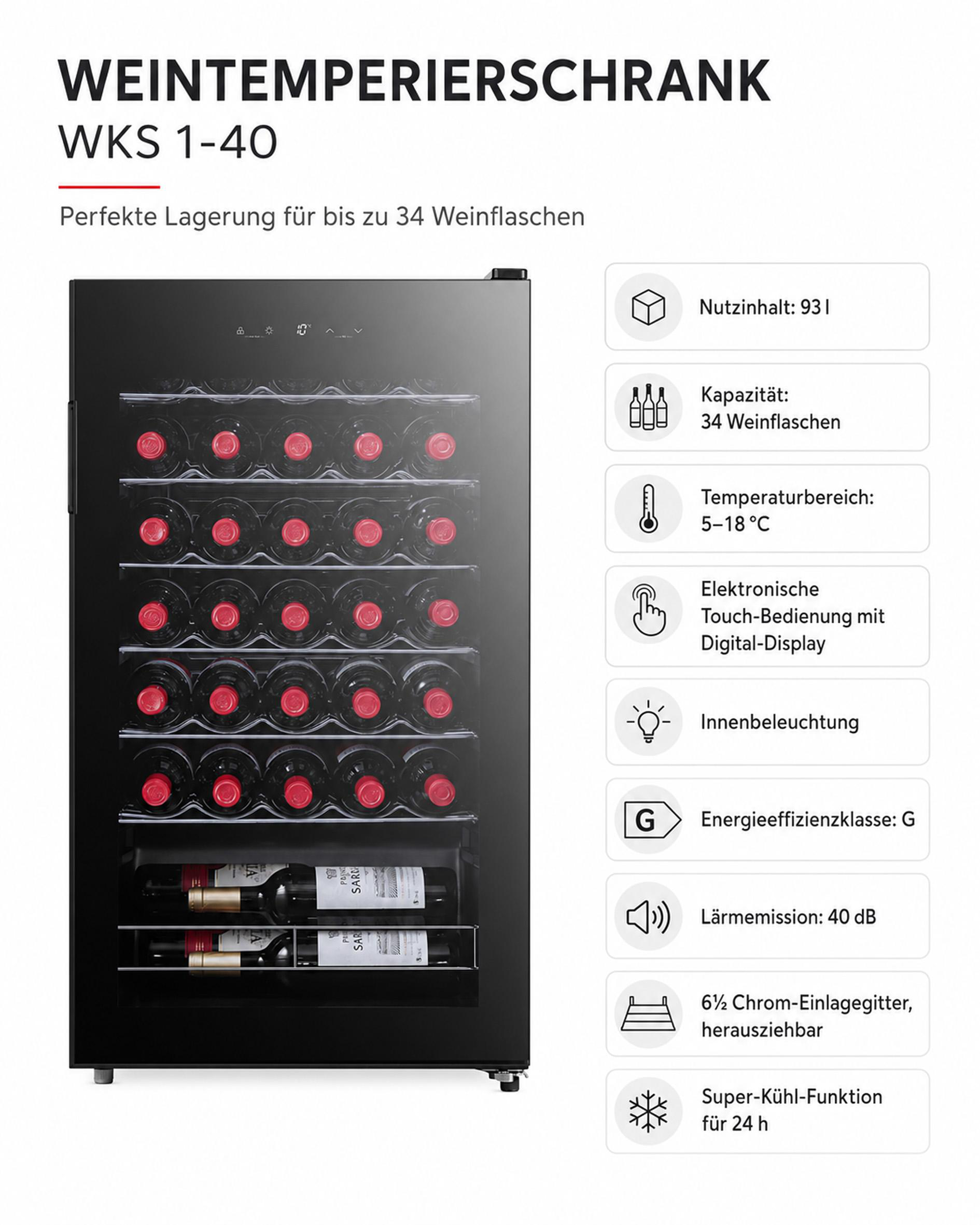 Schwarzer Weintemperierschrank WKS 1-40 mit Glasfront, roten Weinflaschen im Inneren und technischen Details rechts.