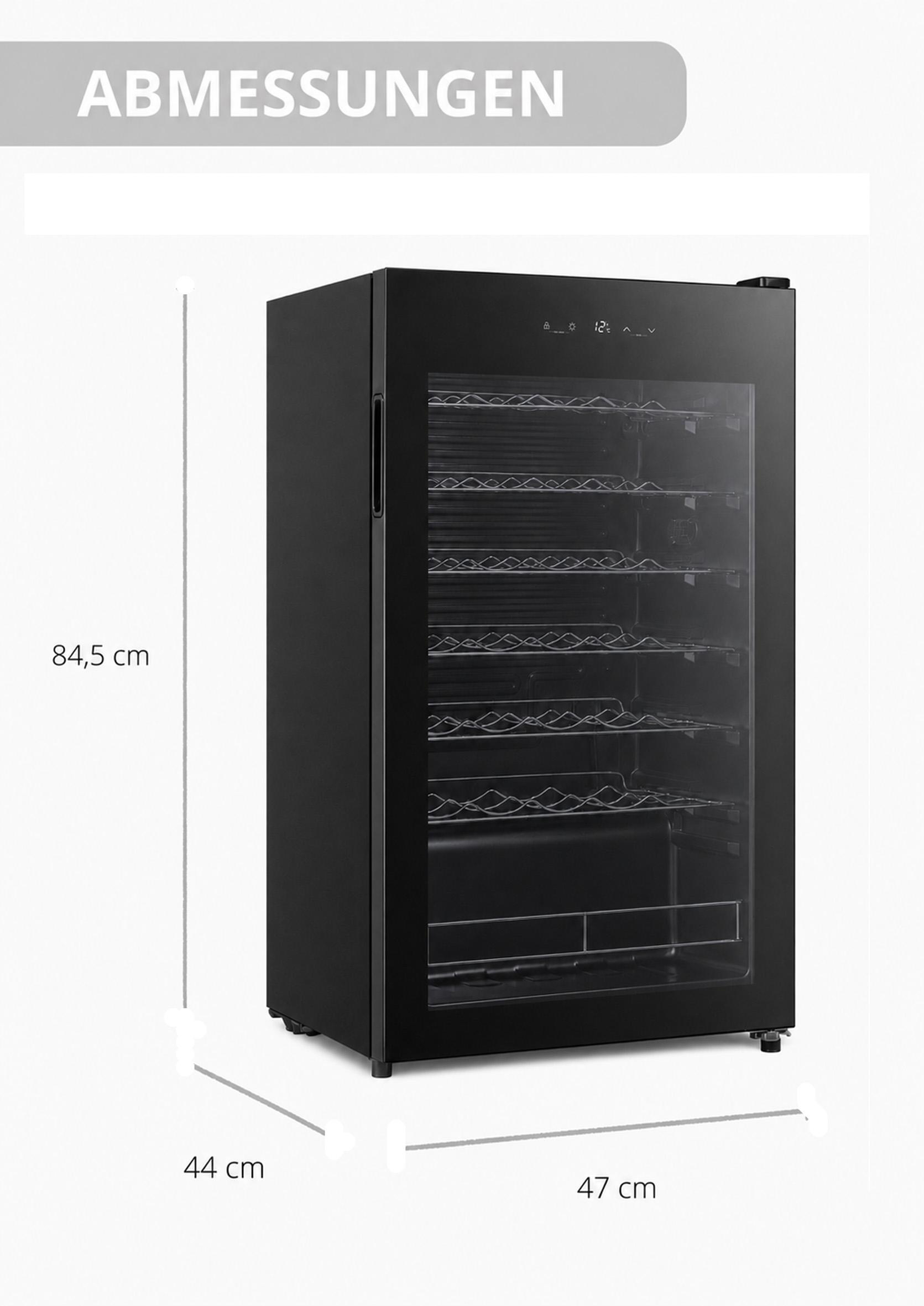 Schwarzer Weinkühlschrank mit Glastür und Maßangaben in Zentimetern.