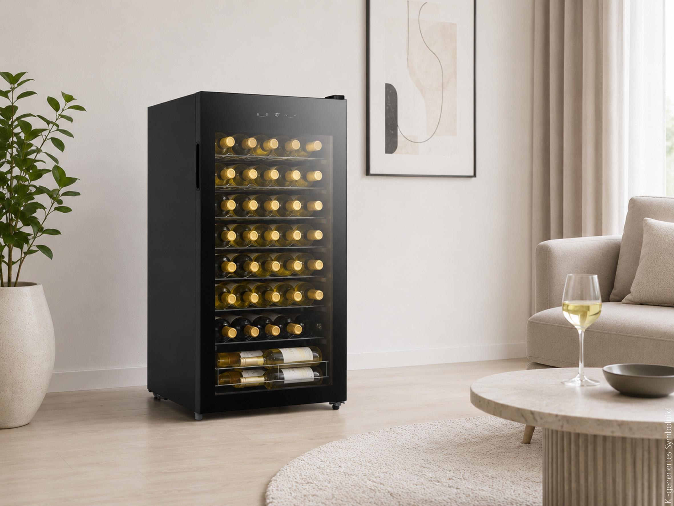 Schwarzer Weinkühlschrank in einem hellen Wohnzimmer mit Pflanze, Sofa und Couchtisch mit Weinglas.