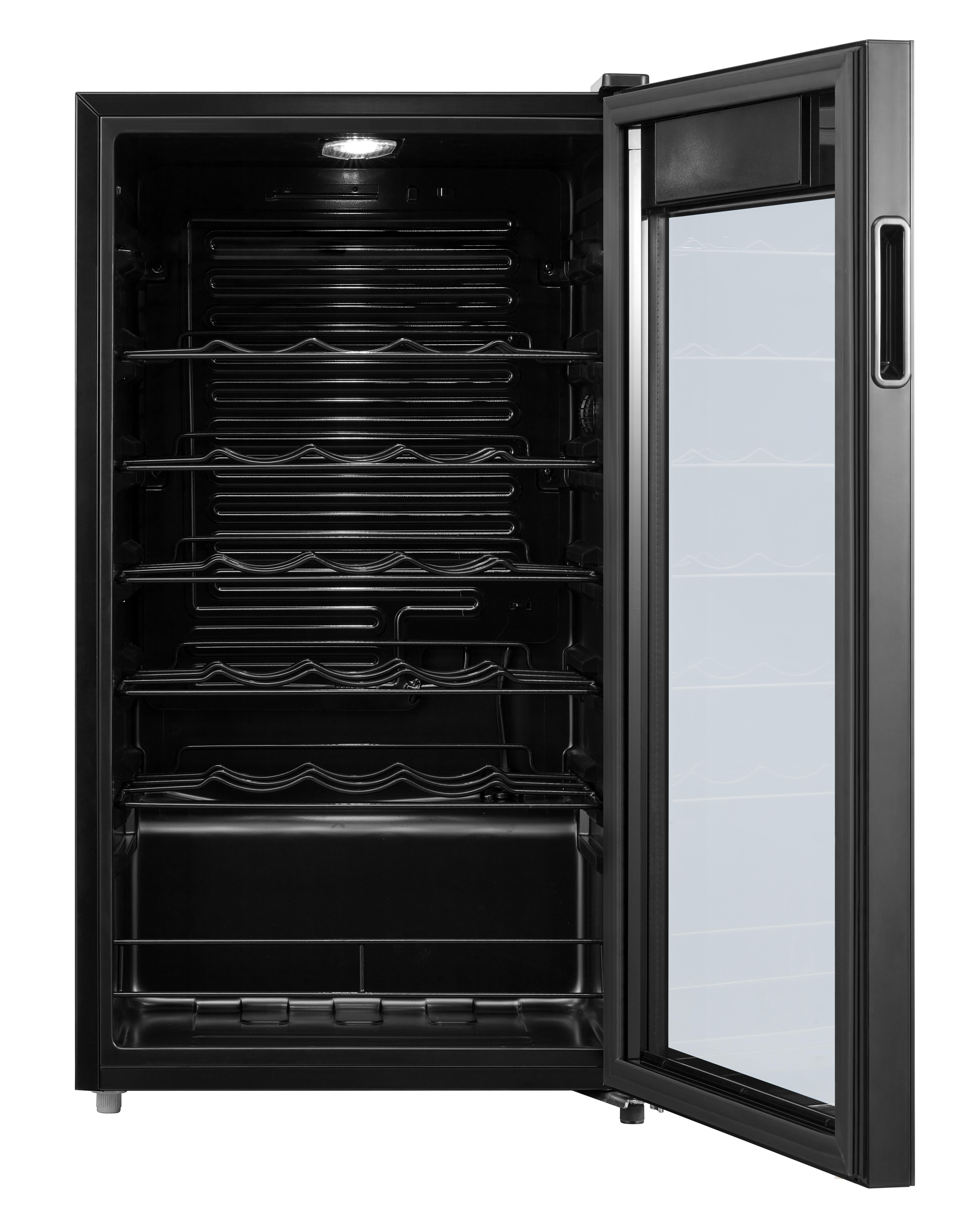 Ein schwarzer Weinkühlschrank mit offener Glastür zeigt leere Drahtregale und Innenbeleuchtung.