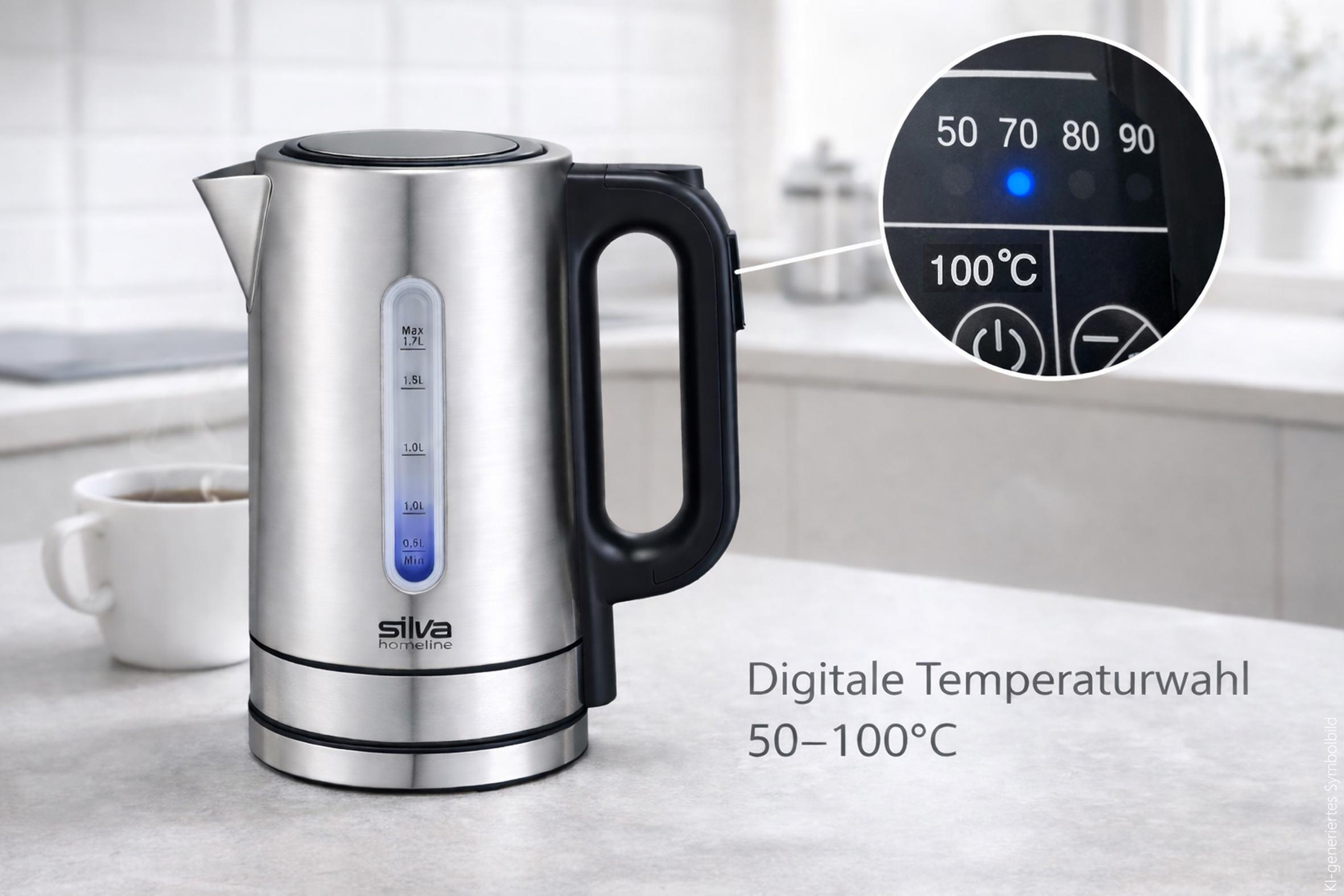 Edelstahl-Wasserkocher mit digitaler Temperaturwahl von 50-100°C, blauer Beleuchtung und Kaffeetasse im Hintergrund.