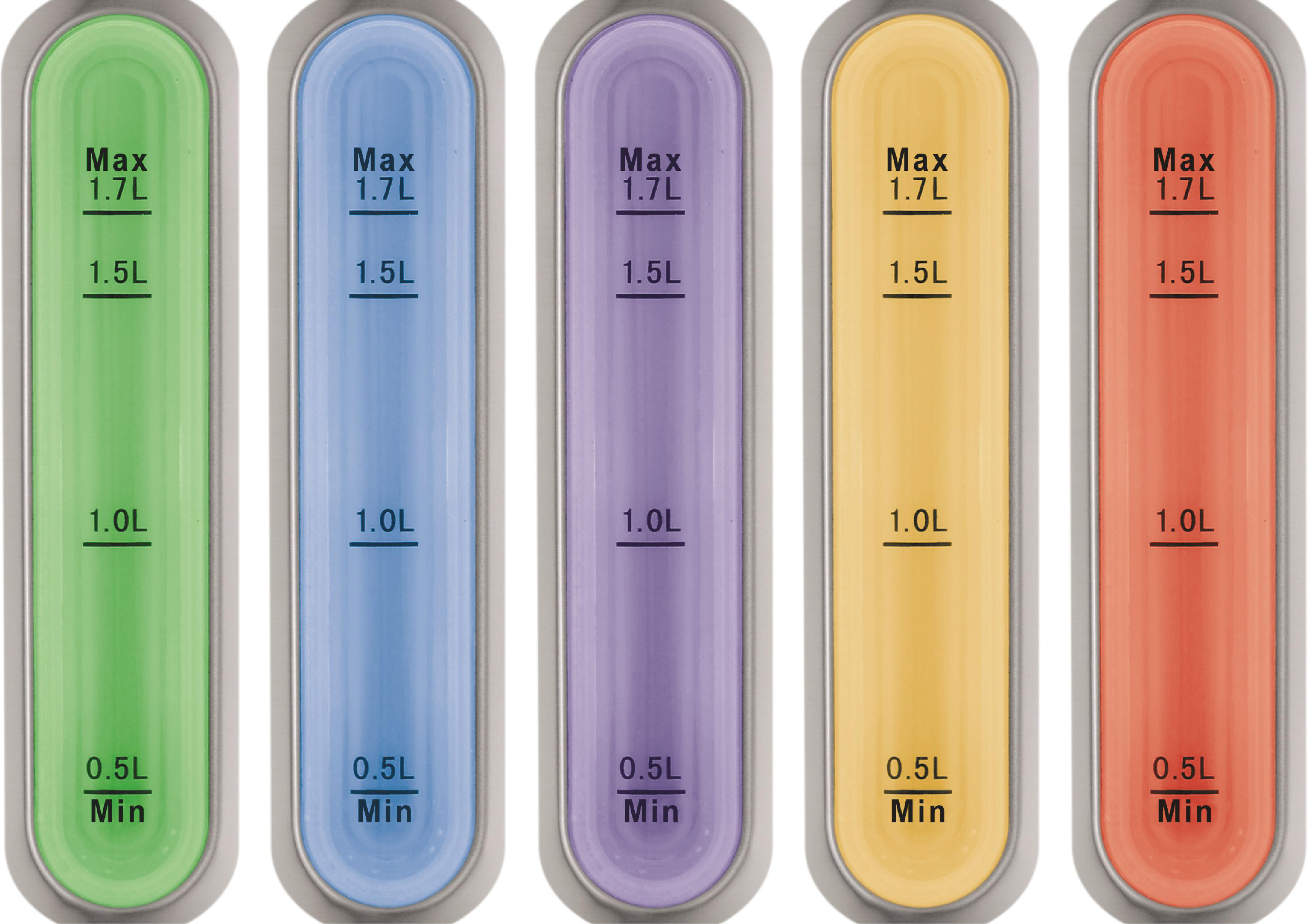 Fünf vertikale Wasserstandsanzeiger in Gr ün, Blau, Lila, Gelb und Orange, jeweils mit Skala von Min bis 1.7L.