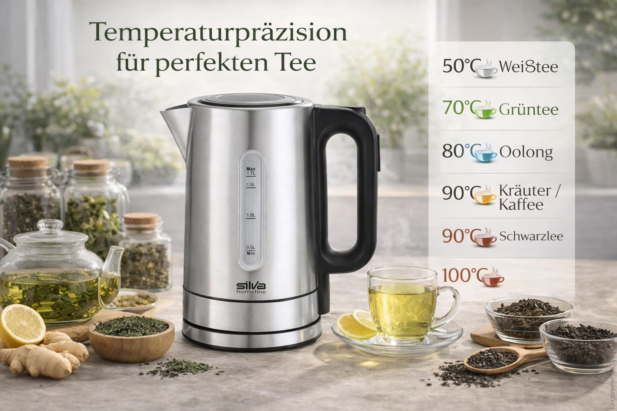 Silberner Wasserkocher mit Teetemperatur-Anzeige, Glaskanne und Teeblättern auf Holztisch.
