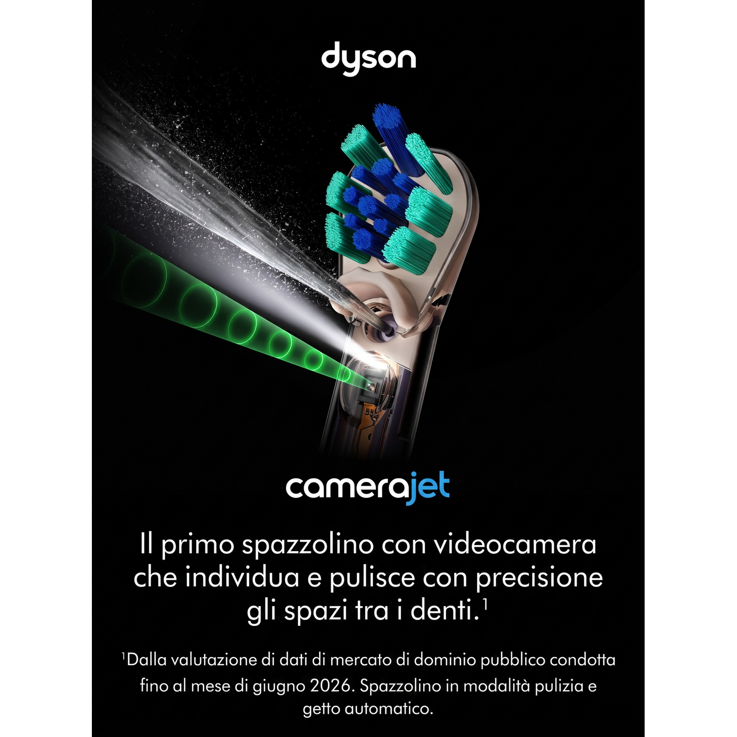 Spazzolino Dyson camerajet con videocamera e getto d'acqua preciso per gli spazi interdentali.