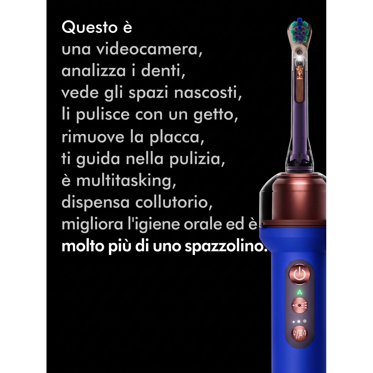 Uno spazzolino intelligente blu con telecamera, spray e testo in italiano su sfondo nero.