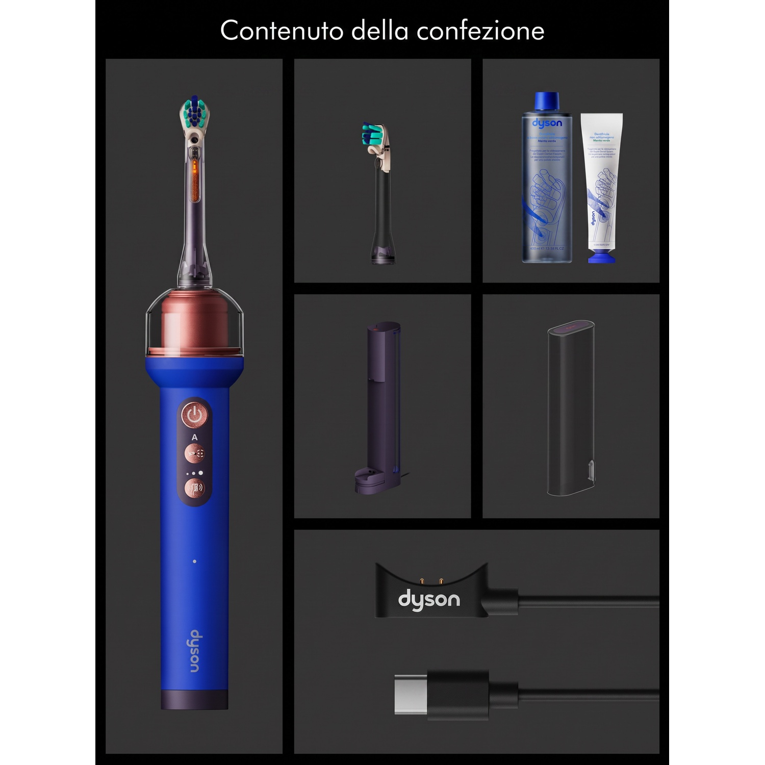 Spazzolino Dyson con accessori e cavo di ricarica su sfondo nero.