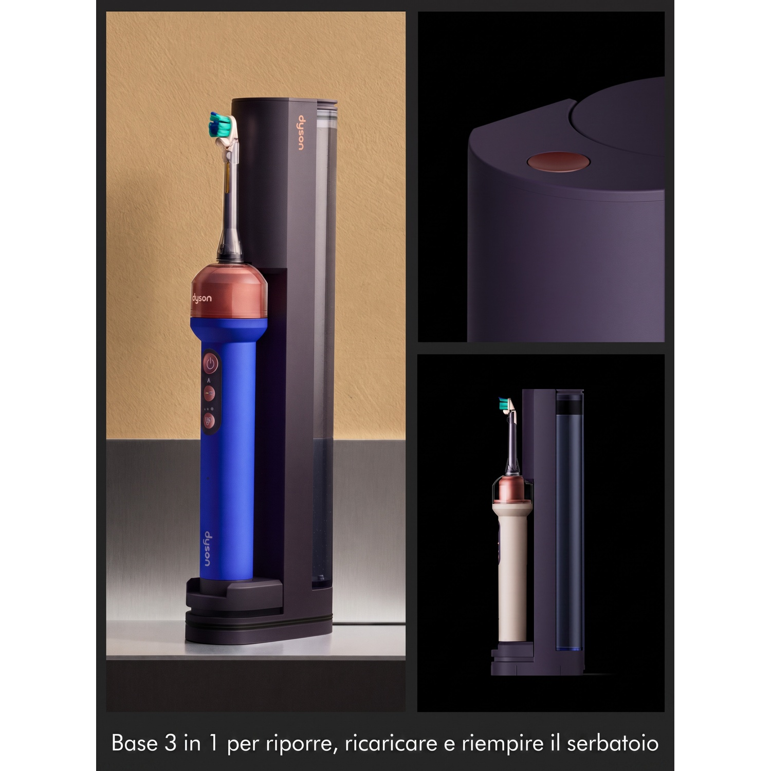 Base Dyson 3 in 1 per riporre, ricaricare e riempire, con spazzolini elettrici blu e bianco.